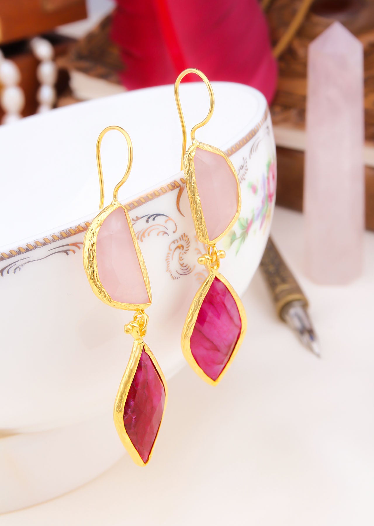 Pink Quartz & Agate Boucles d'oreilles
