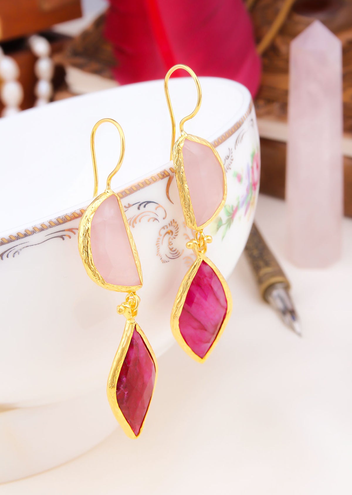 Pink Quartz & Agate Boucles d'oreilles