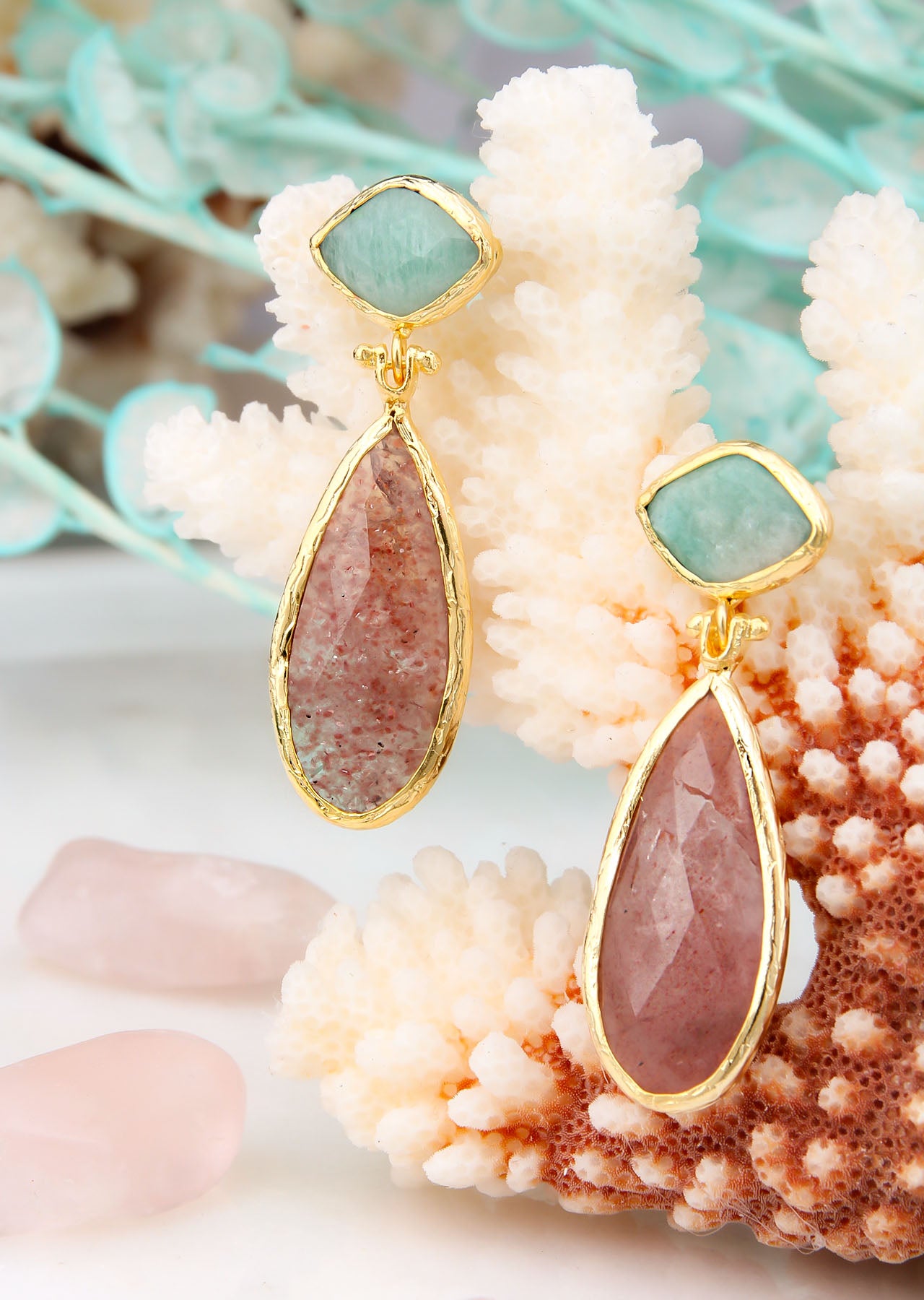 Strawberry Quartz & Aquamarine Boucles d'oreilles