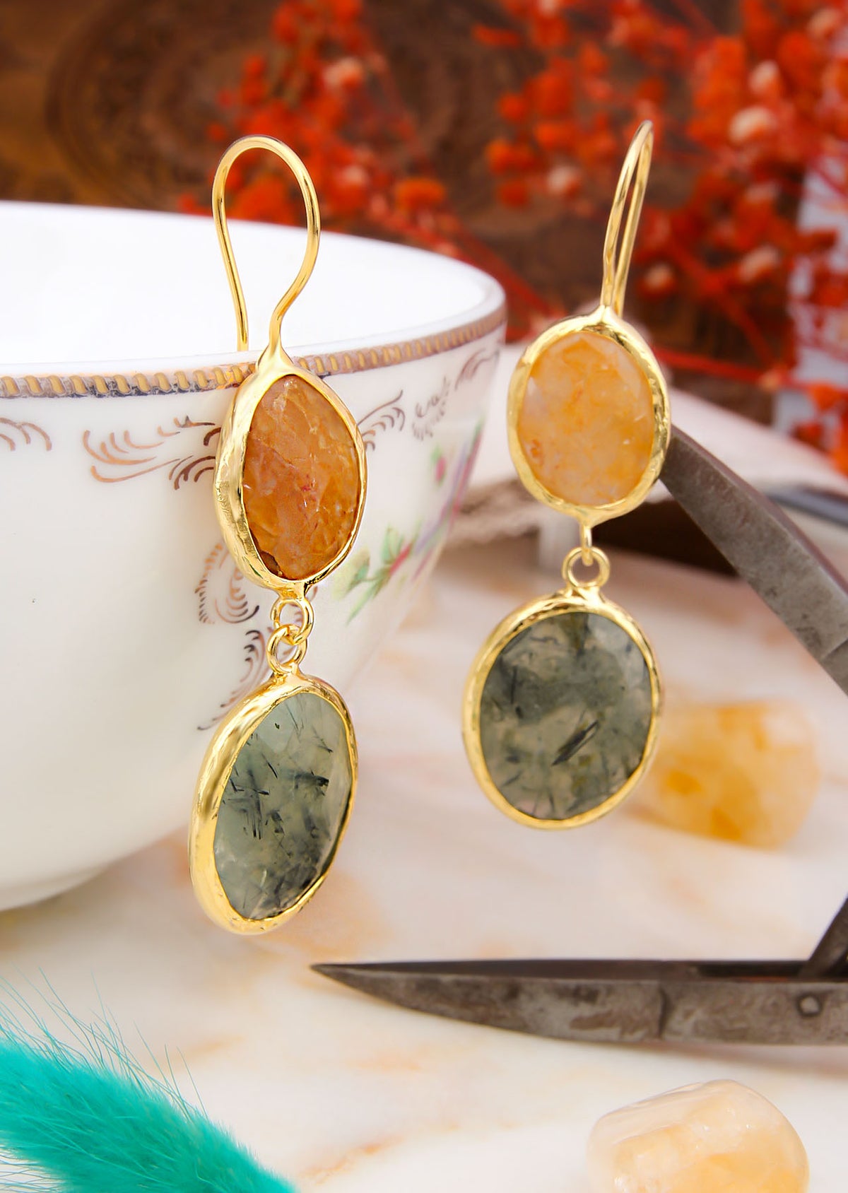 Prehnite & Sunstone Boucles d'oreilles