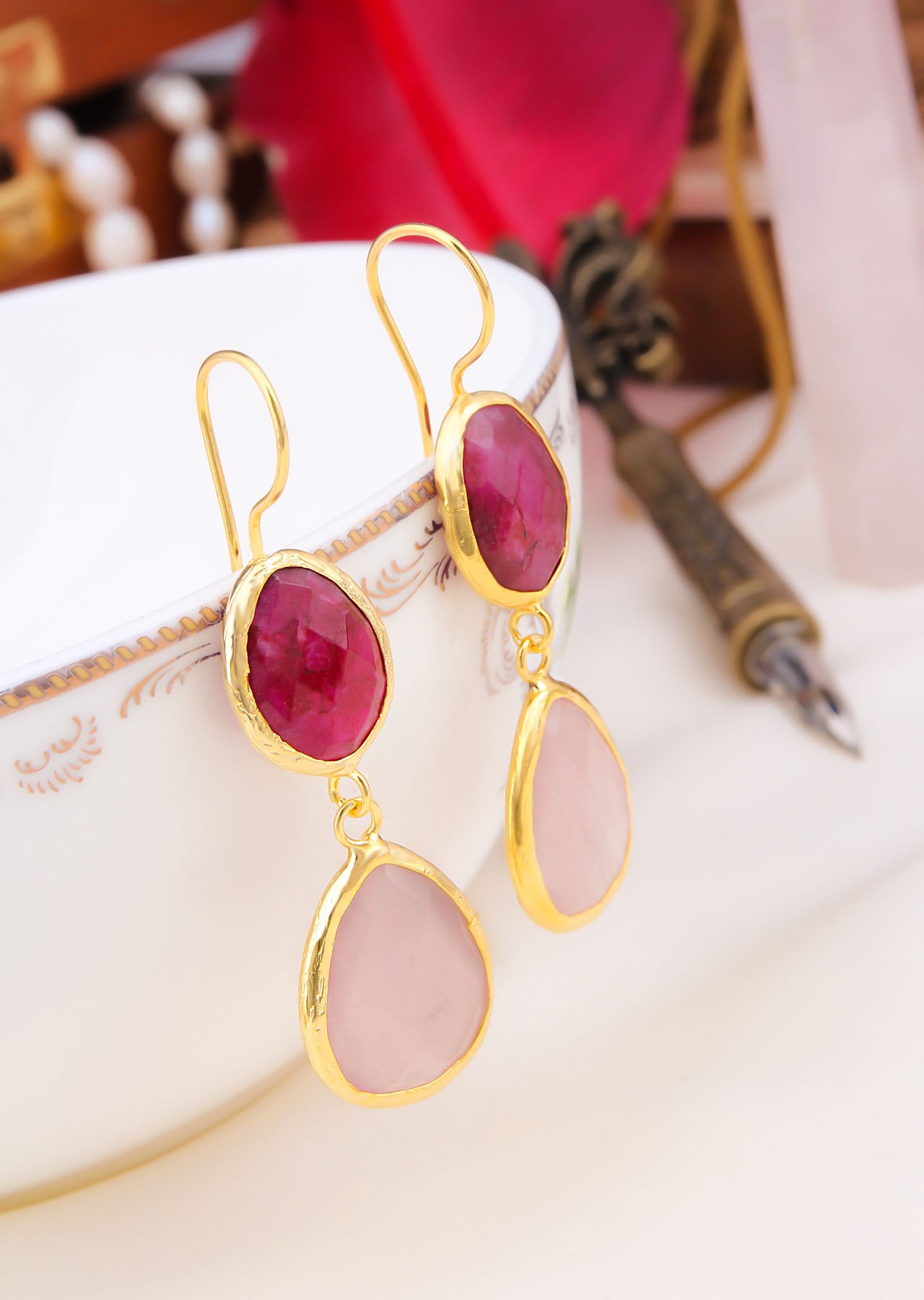 Pink Quartz & Agate Boucles d'oreilles
