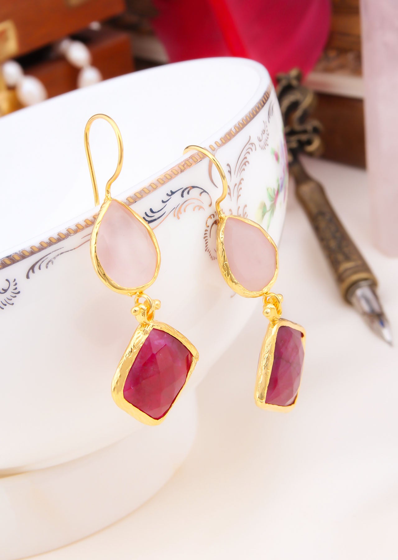 Pink Quartz & Agate Boucles d'oreilles