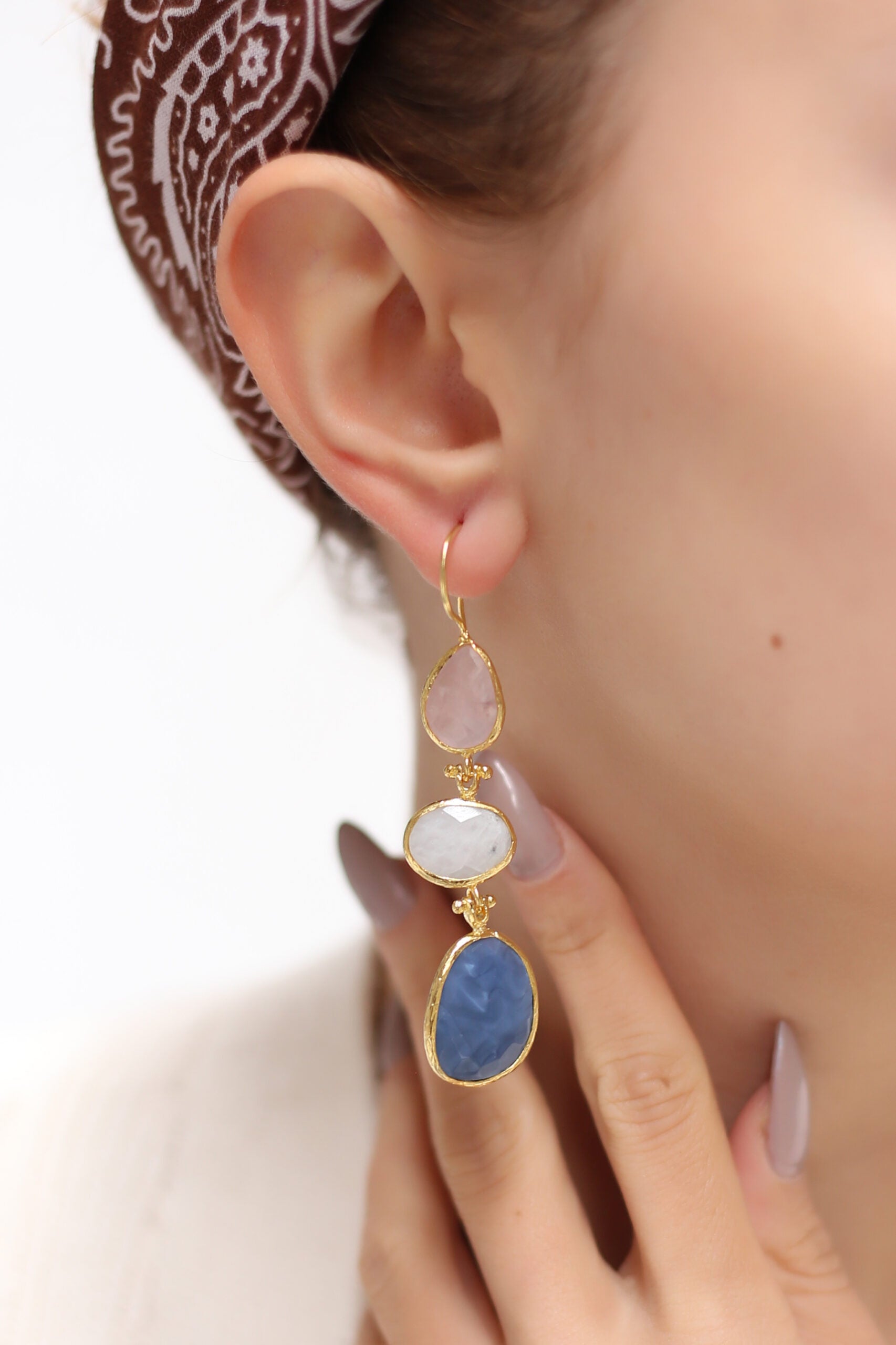 Blue Opel & Moonstone & Pink Quartz Boucles d'oreilles