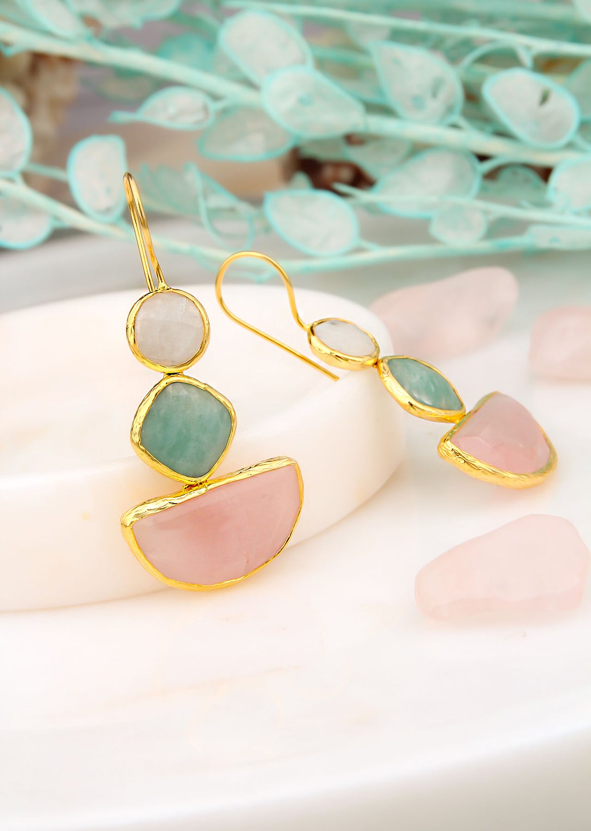 Moonstone & Aquamarine & Pink Quartz Boucles d'oreilles