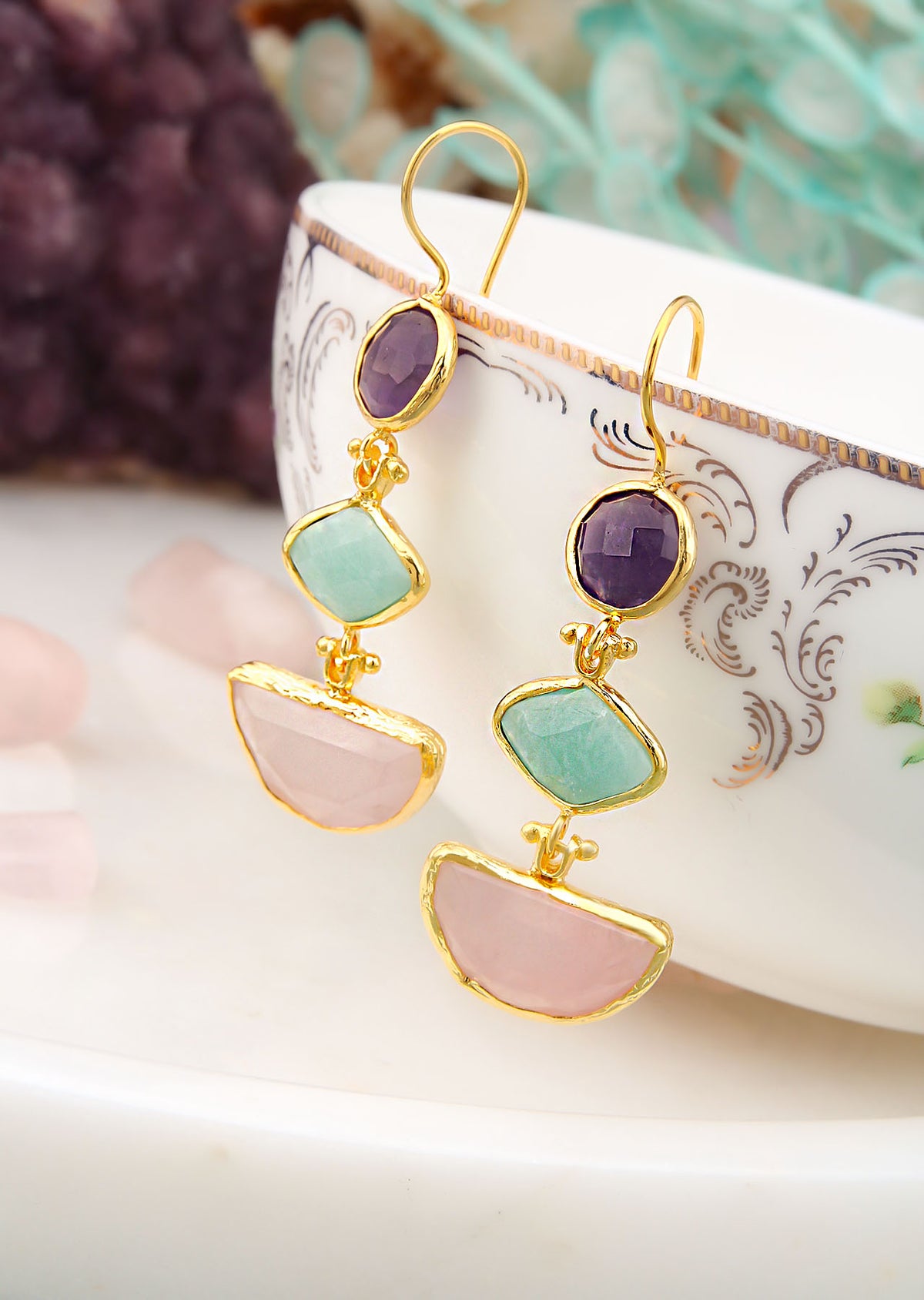 Amethyst & Aquamarin & Pink Quartz Boucles d'oreilles