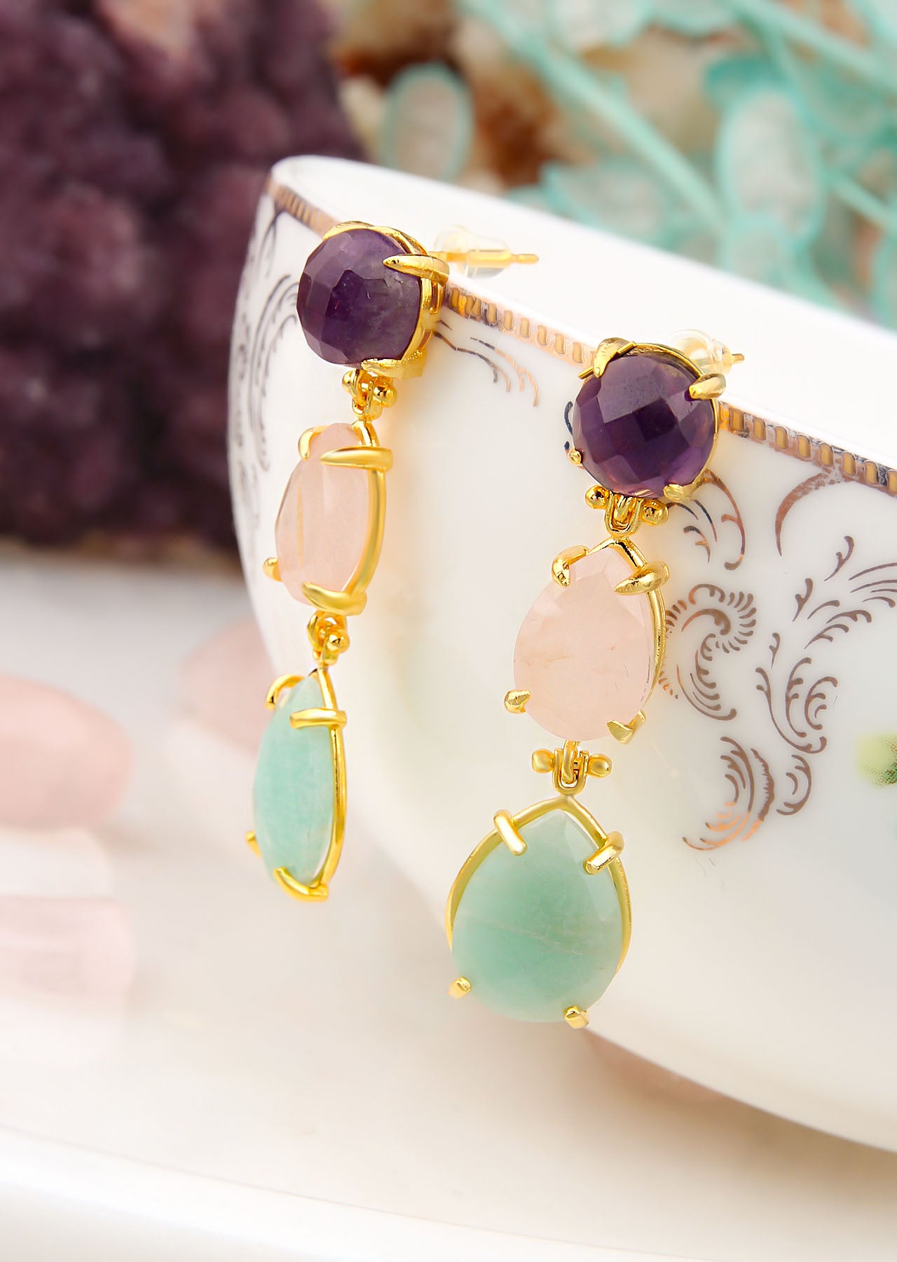 Amethyst & Aquamarin & Pink Quartz Boucles d'oreilles