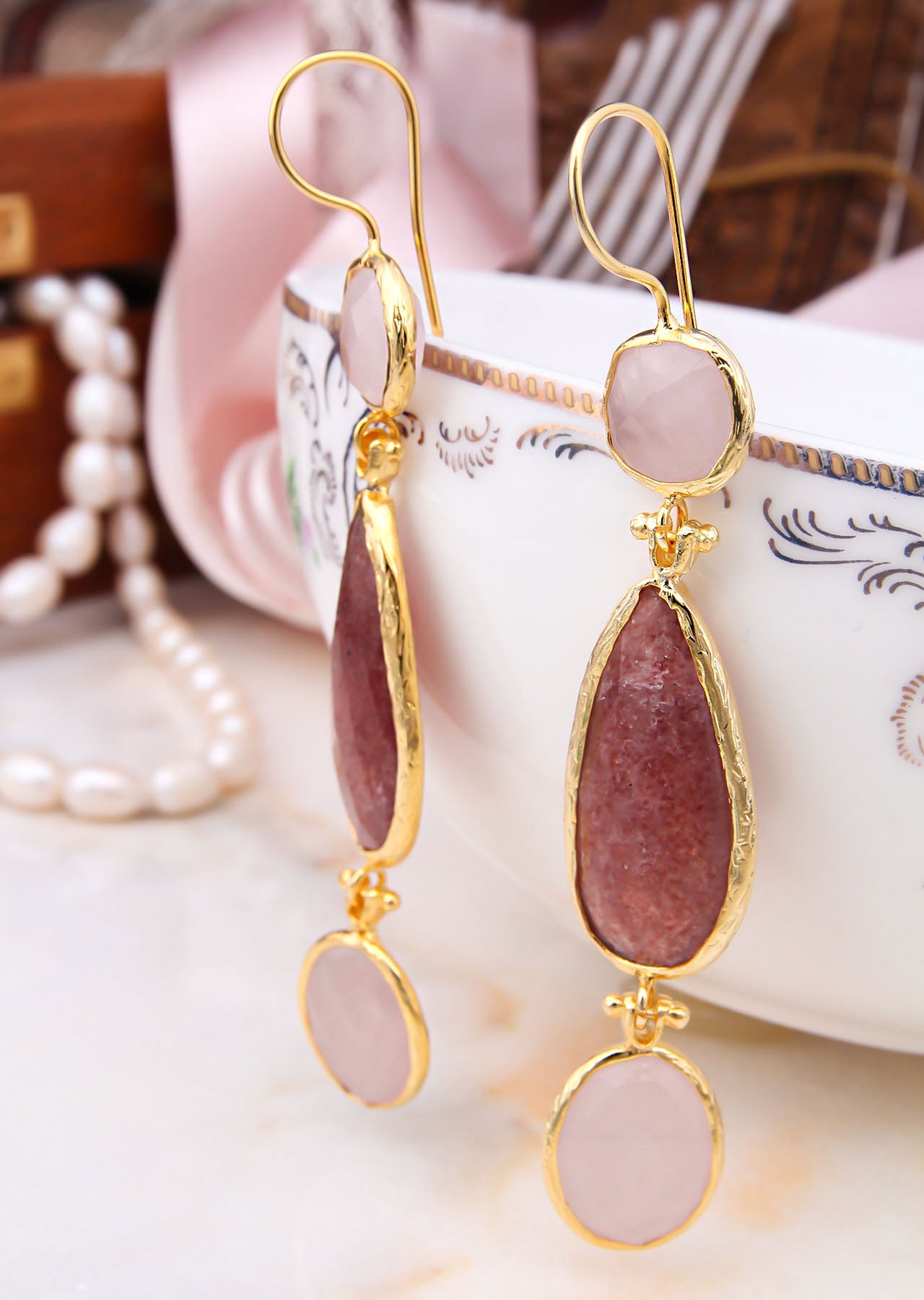 Strawberry Quartz & Pink Quartz Boucles d'oreilles
