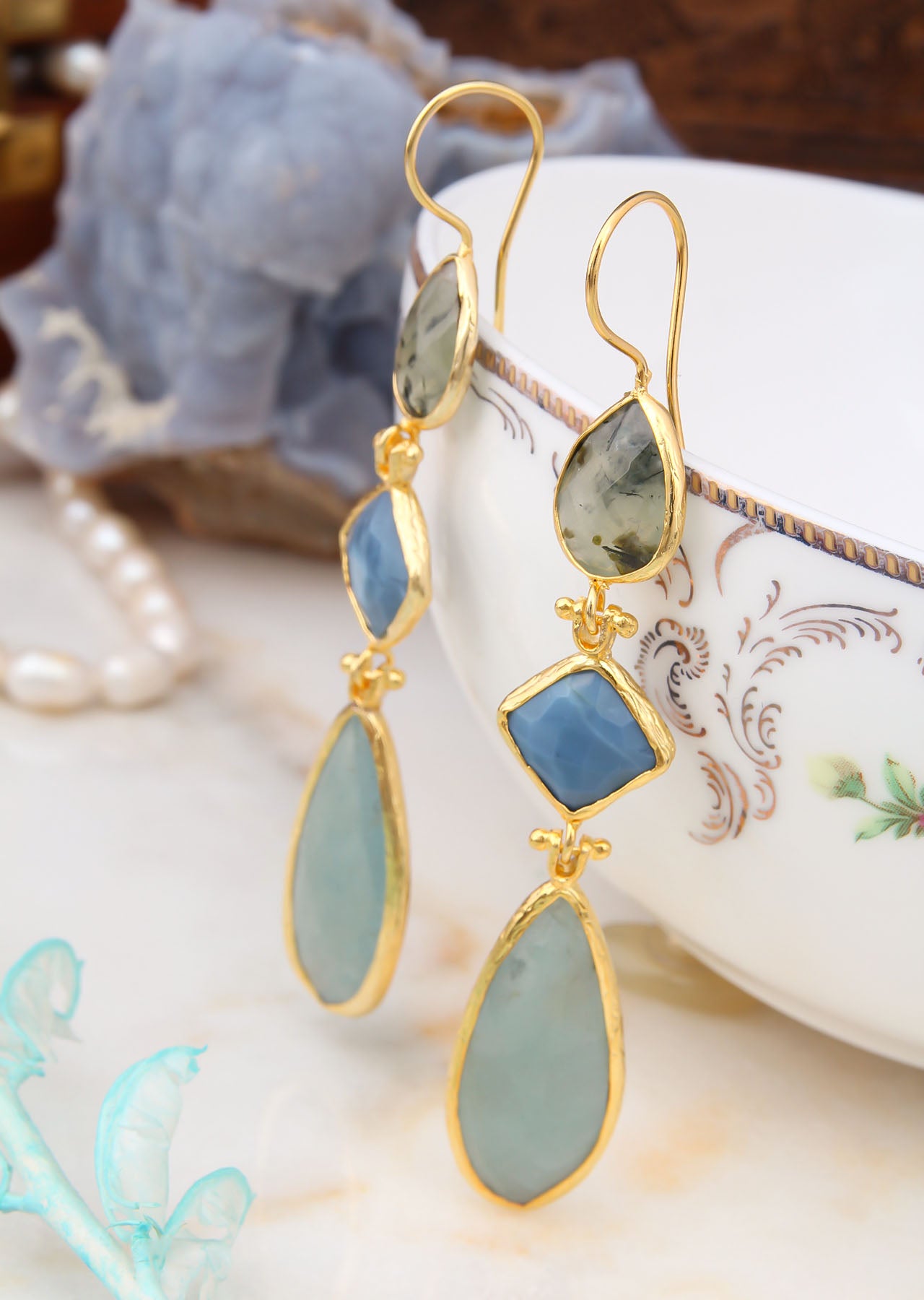 Aquamarine & Blue Opel & Prehnite Boucles d'oreilles