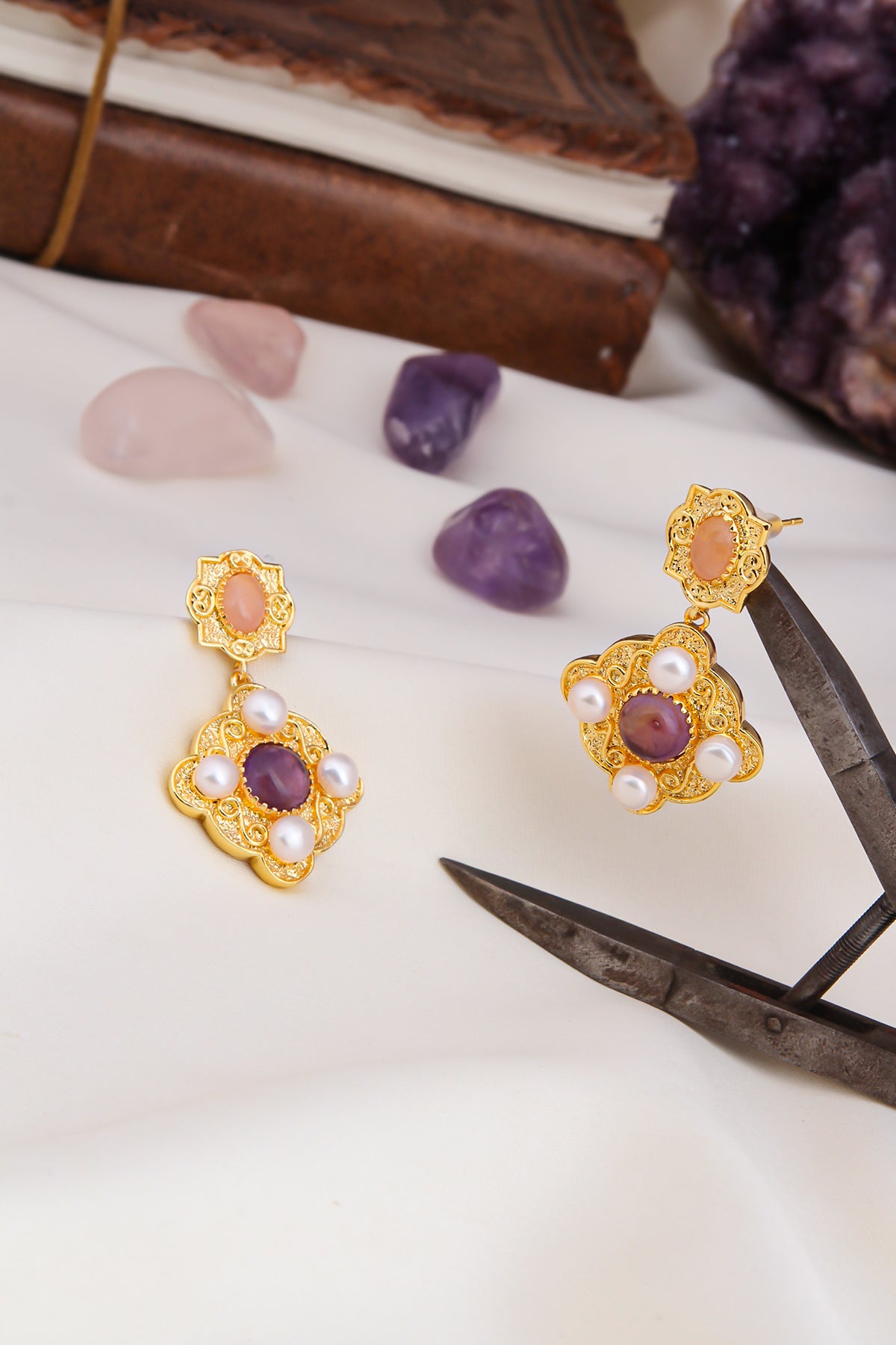 Pink Quartz & Amethyst Earring