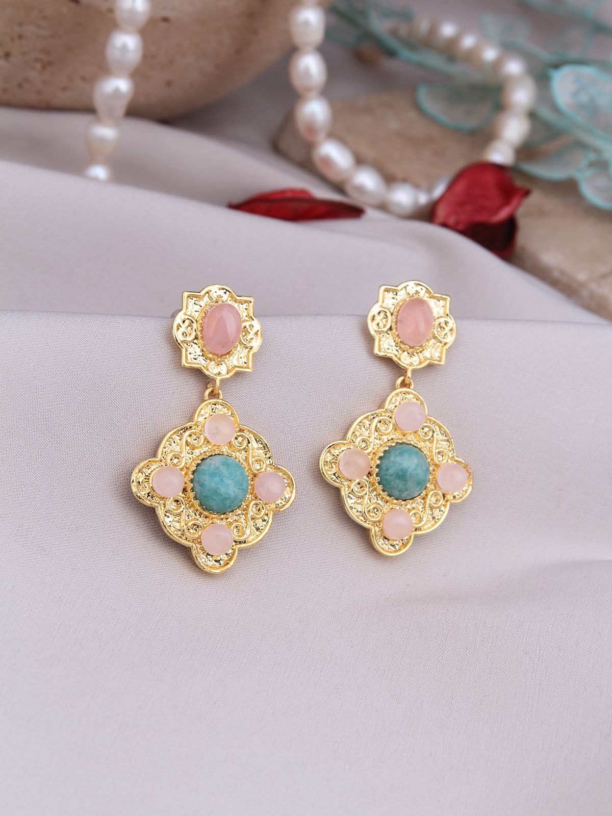 Aquamarine &amp; Pink Quartz Earrings