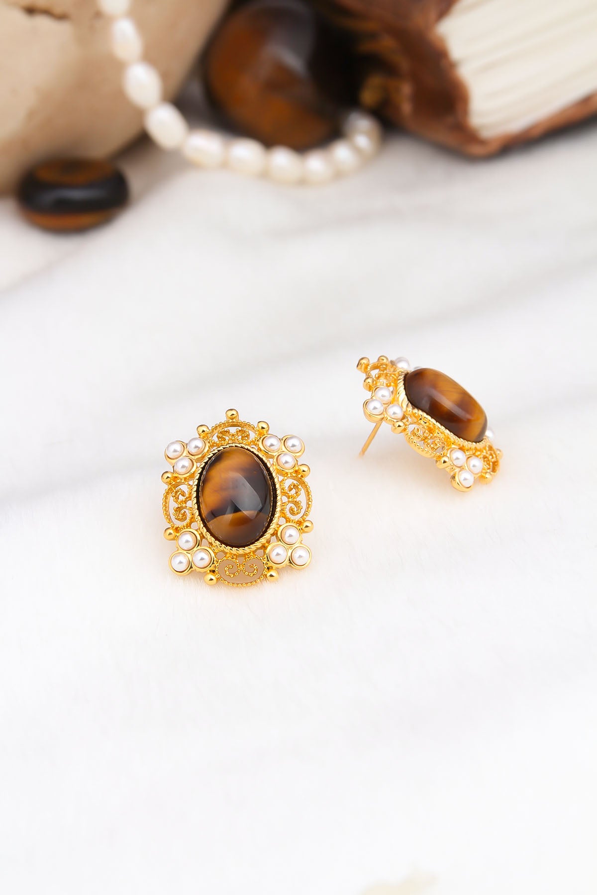 Tiger Eyes & Pearl Boucles d'oreilles