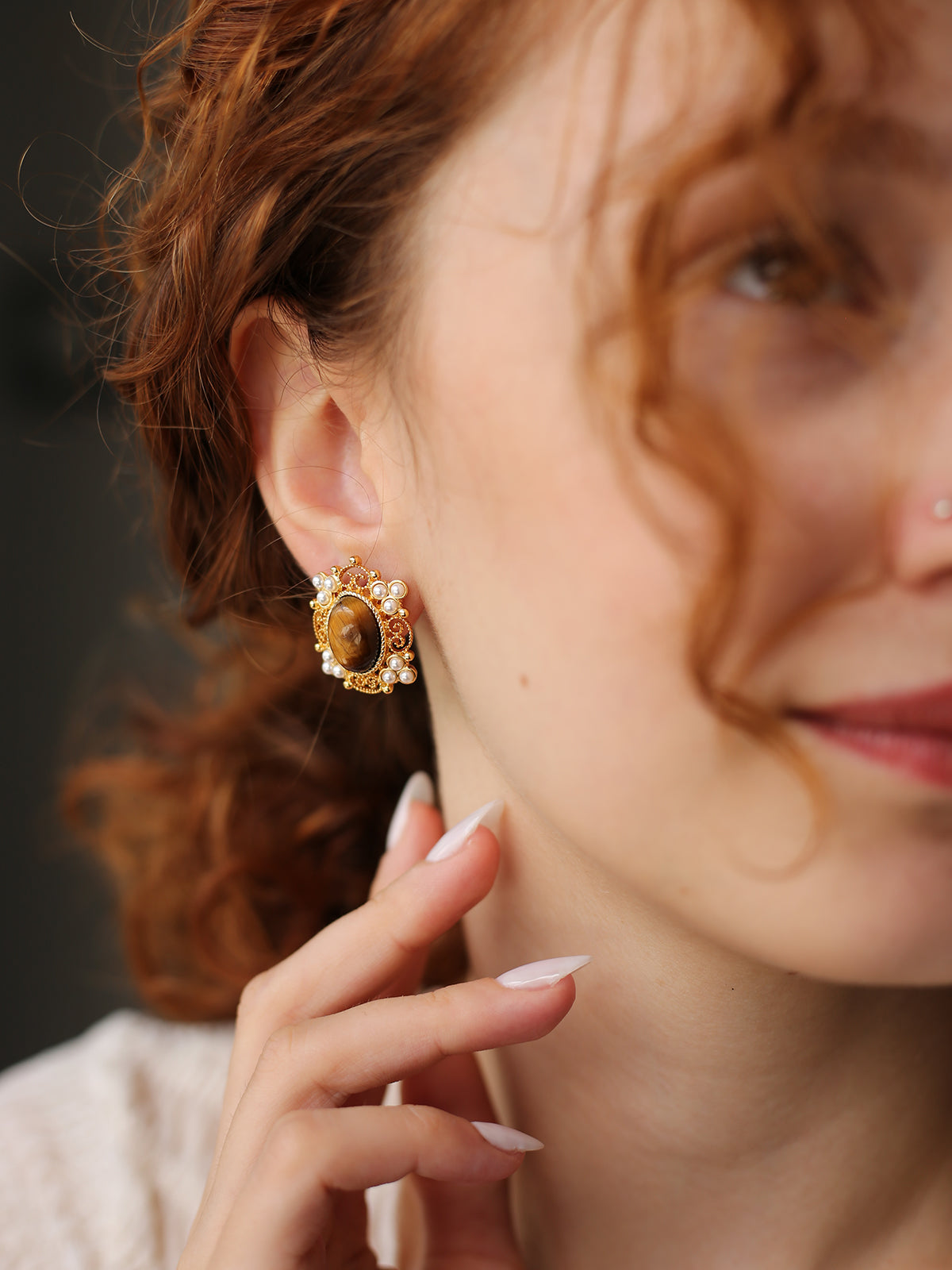 Tiger Eyes & Pearl Boucles d'oreilles