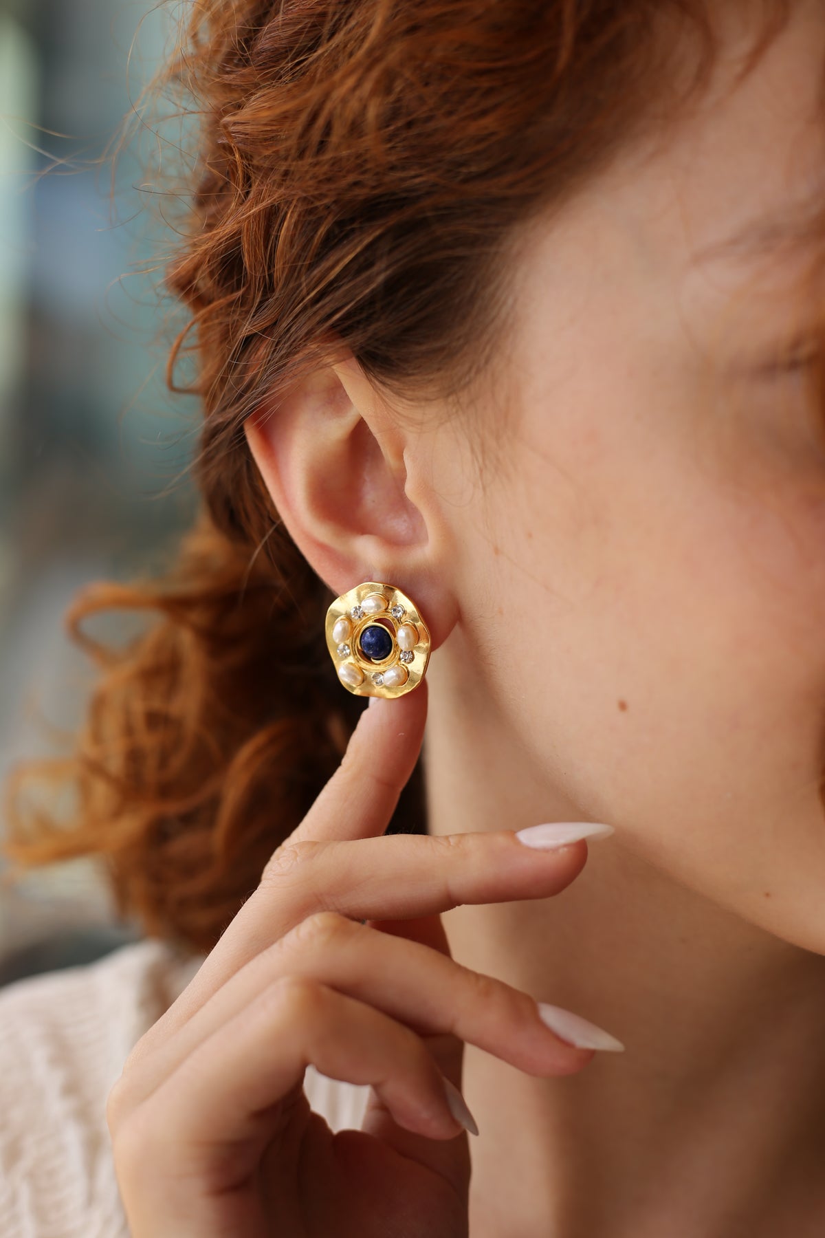 Lapis & Pearl & Zircon Boucles d'oreilles