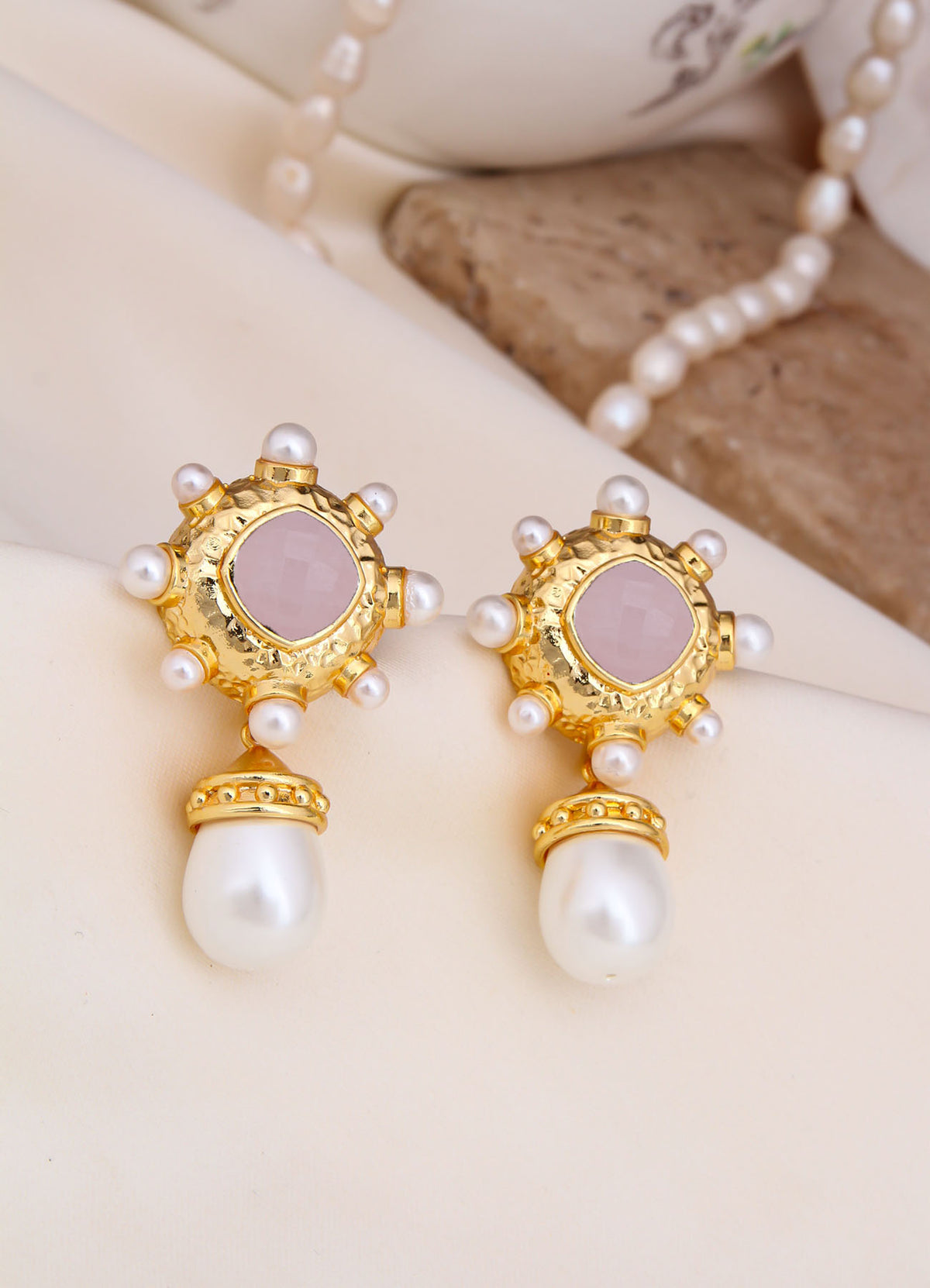 Pink Quartz & Pearl Earring
