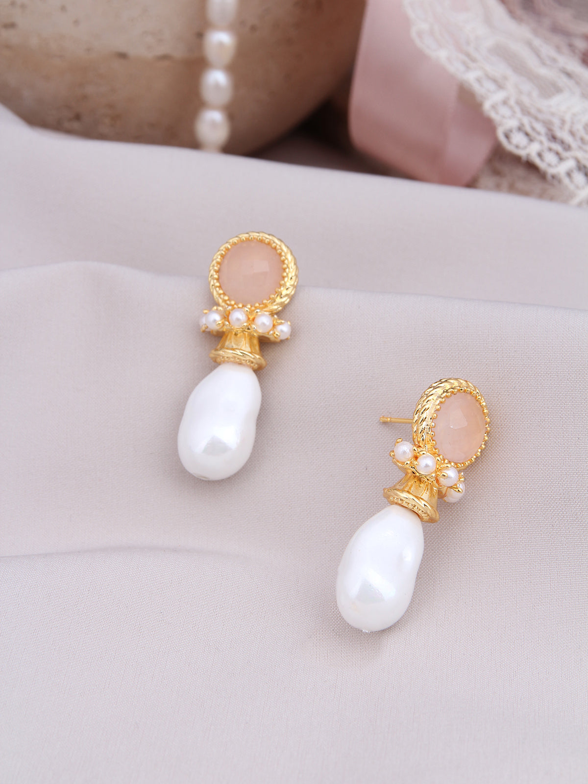 Pink Quartz & Pearl  Boucle d'orilles