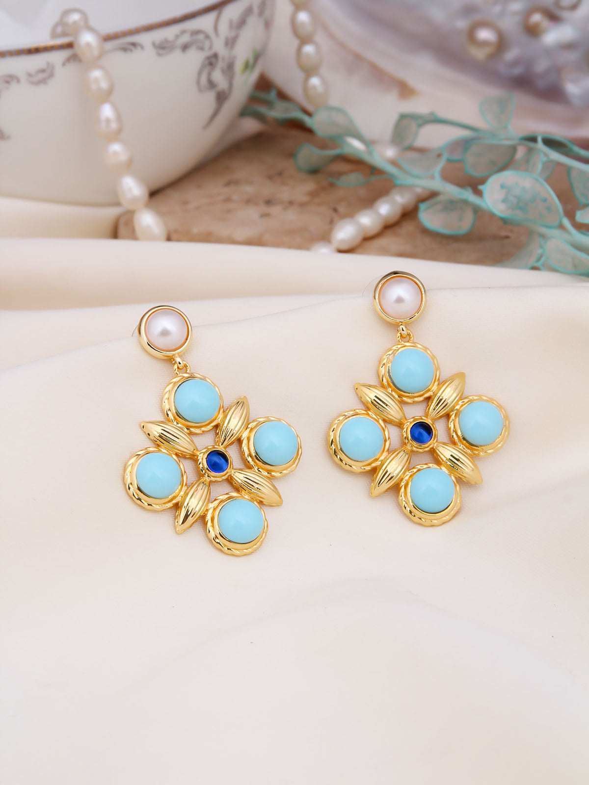 Pearl & Crystal & Turquoise  Boucle d'orilles