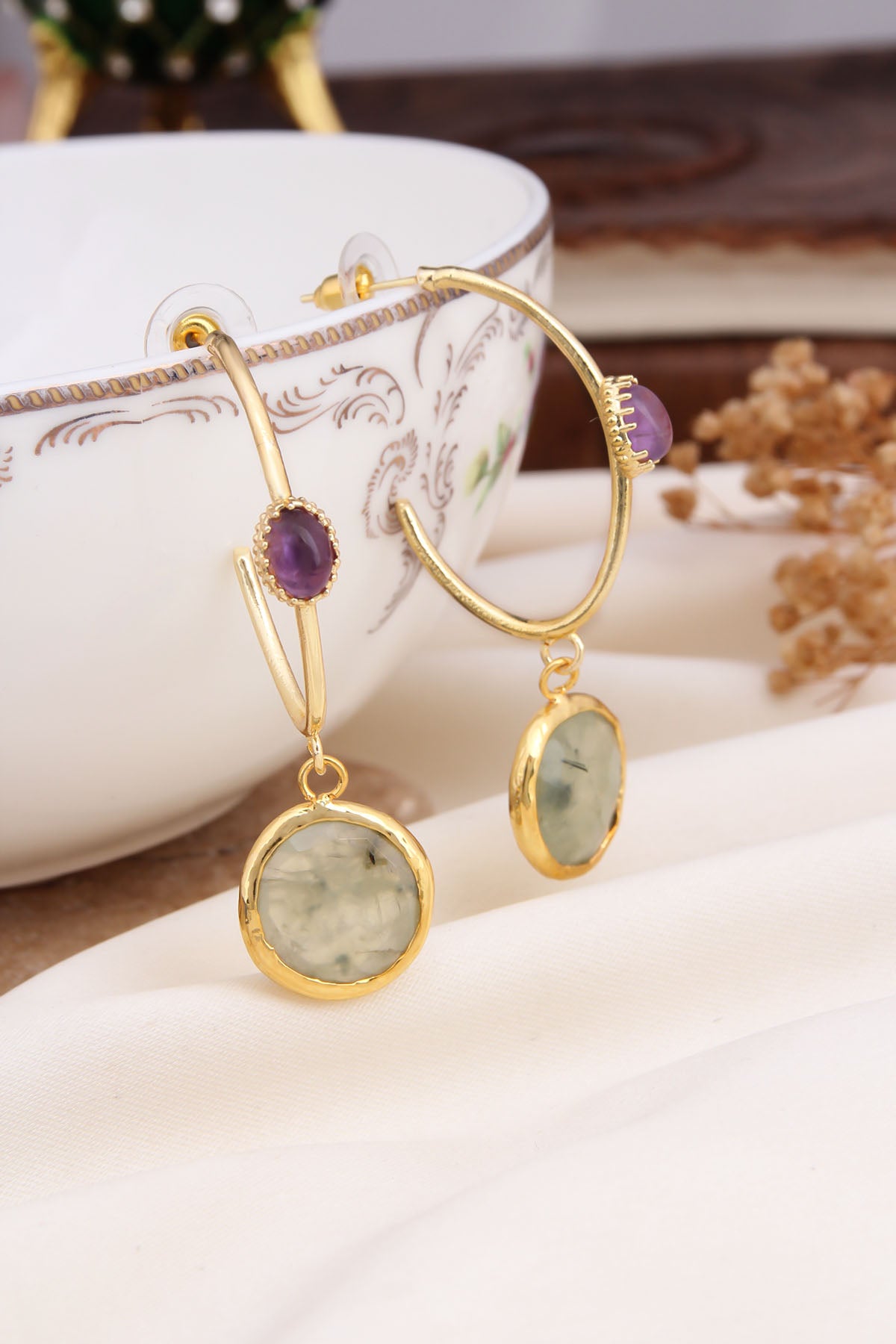 Prehnite & Amethyst Earring