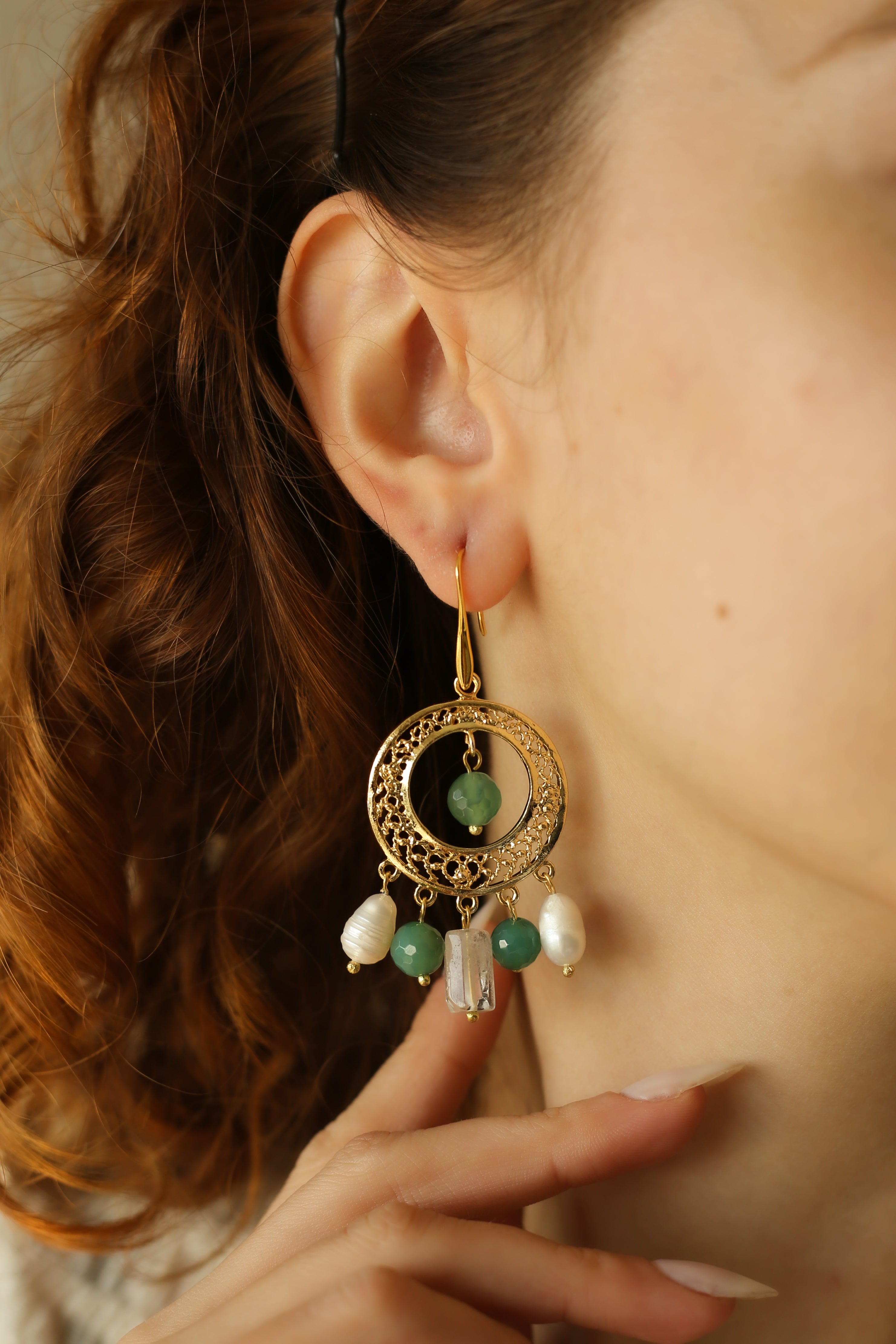 Green Quartz & Pearl Boucle d'oreilles
