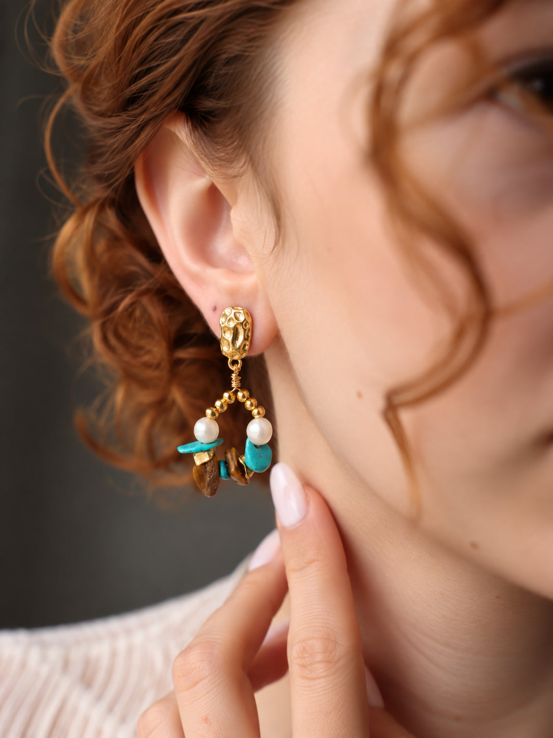 Pearl & Turquoise & Tiger Eyes Earring