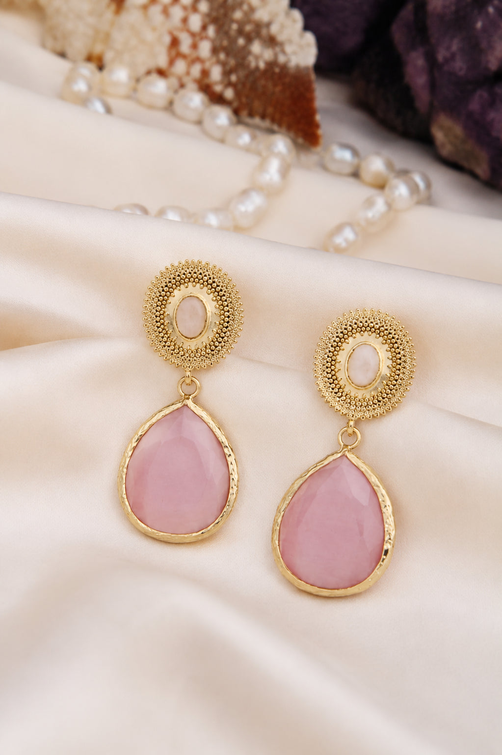 Pink Quartz & Cat Eyes Earring