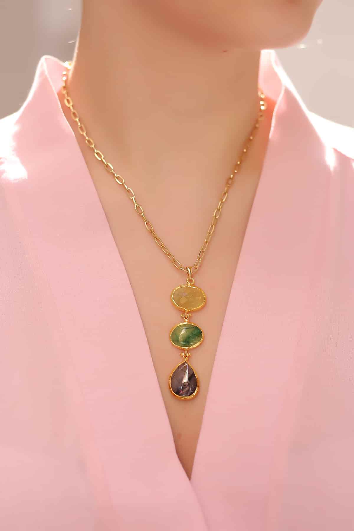 Black Rutil & Citrine & Prinhite Collier