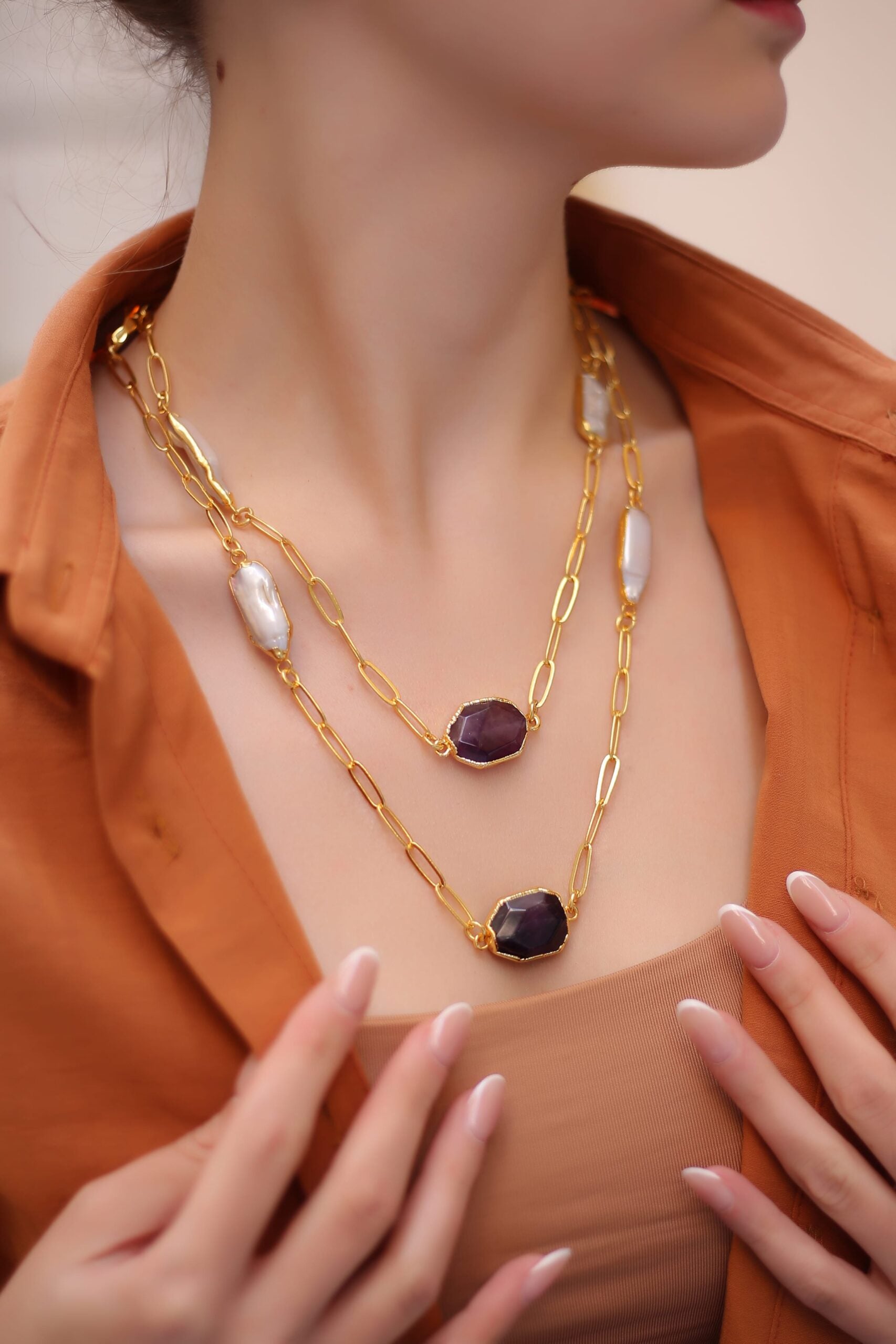 Pink Quartz & Amethyst & Pearl Collier