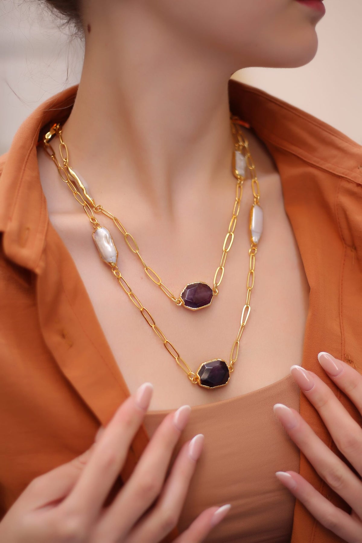 Pink Quartz & Amethyst & Pearl Collier