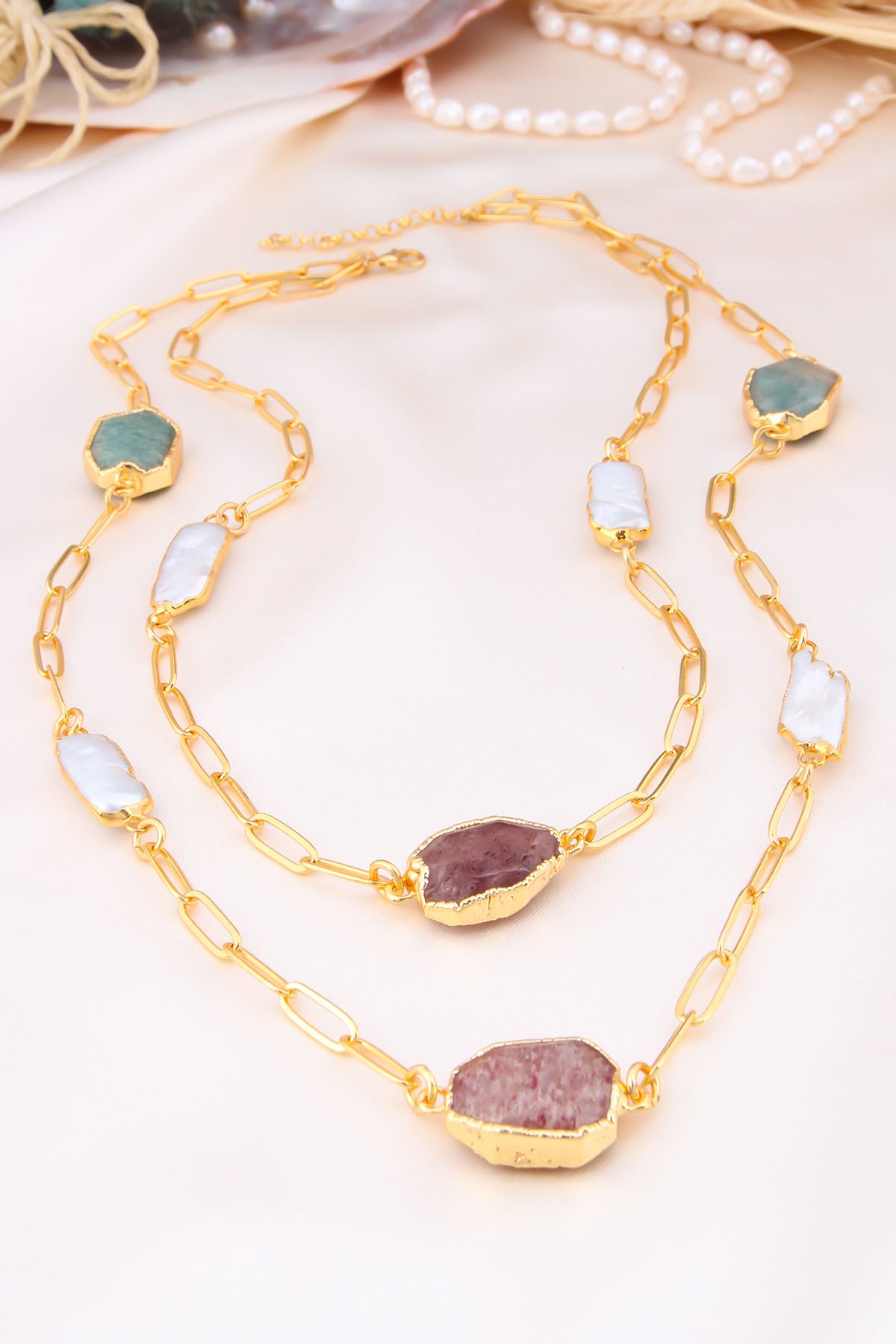 Stawberry & Amazonite & Pearl Collier