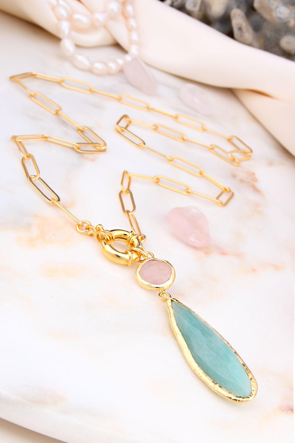 Pink Quartz & Aquamarine Collier