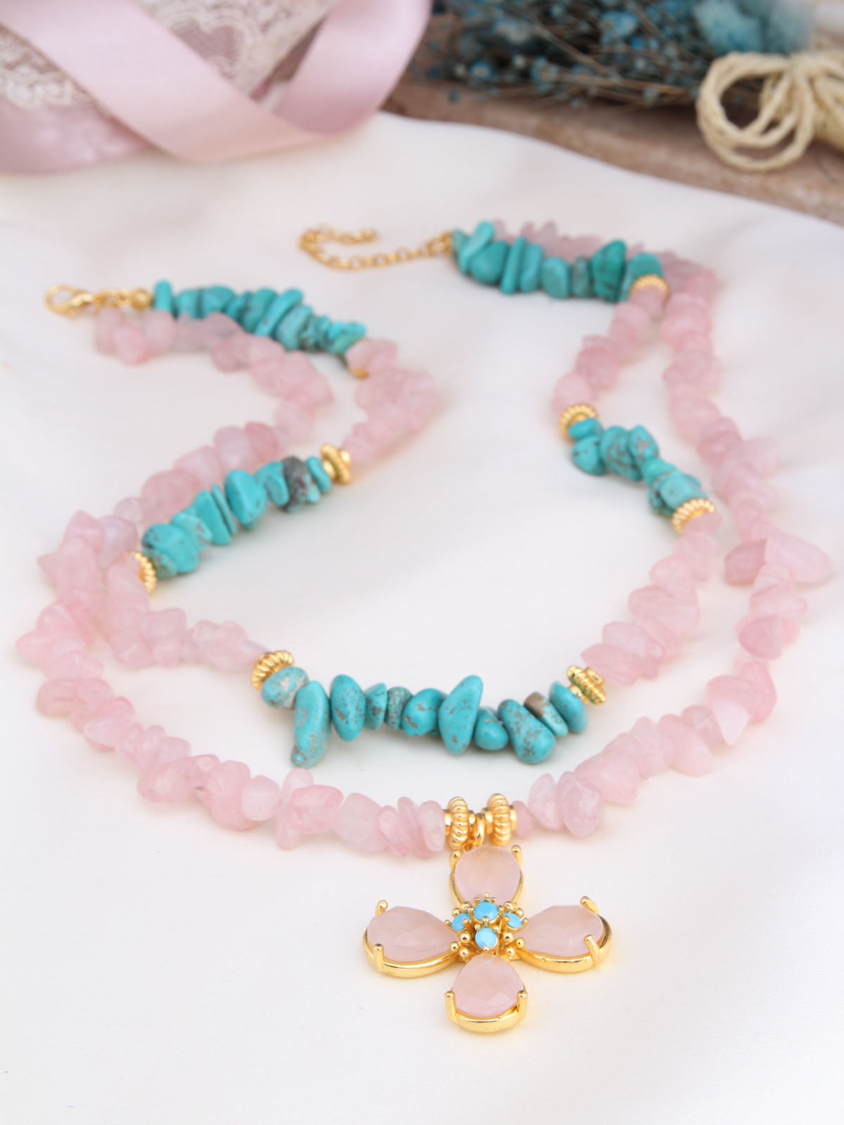 Turquoise & Pink Quartz  Collier