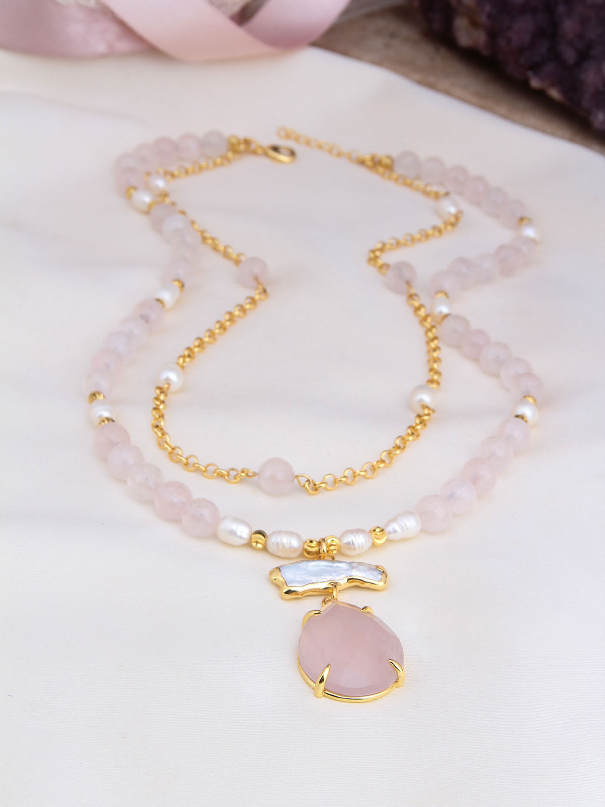 Pink Quartz & Pearl  Collier