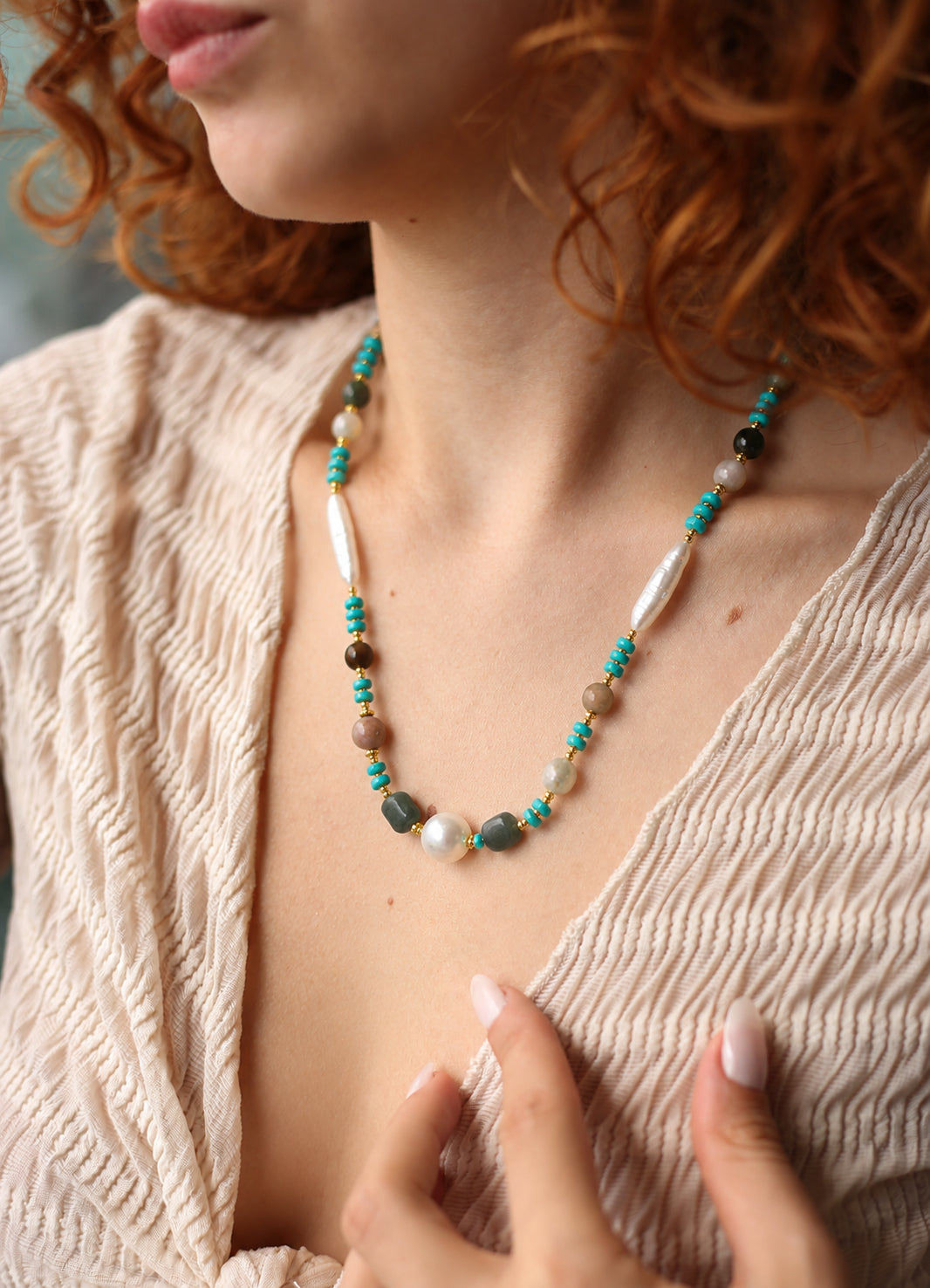 Agate & Pearl & Turquoise Necklace