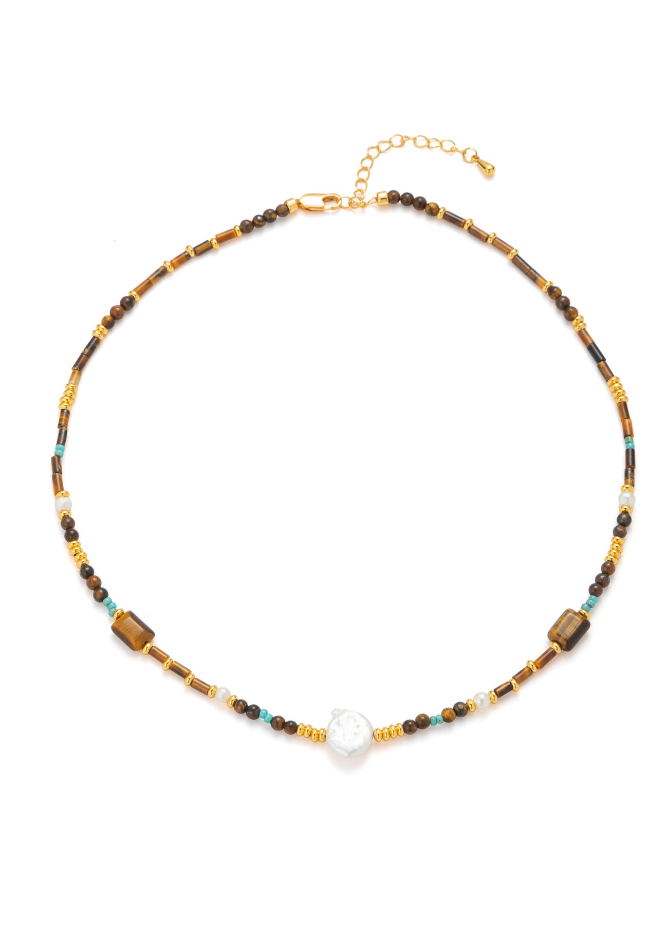 Tiger Eyes & Pearl & Turquoise Necklace