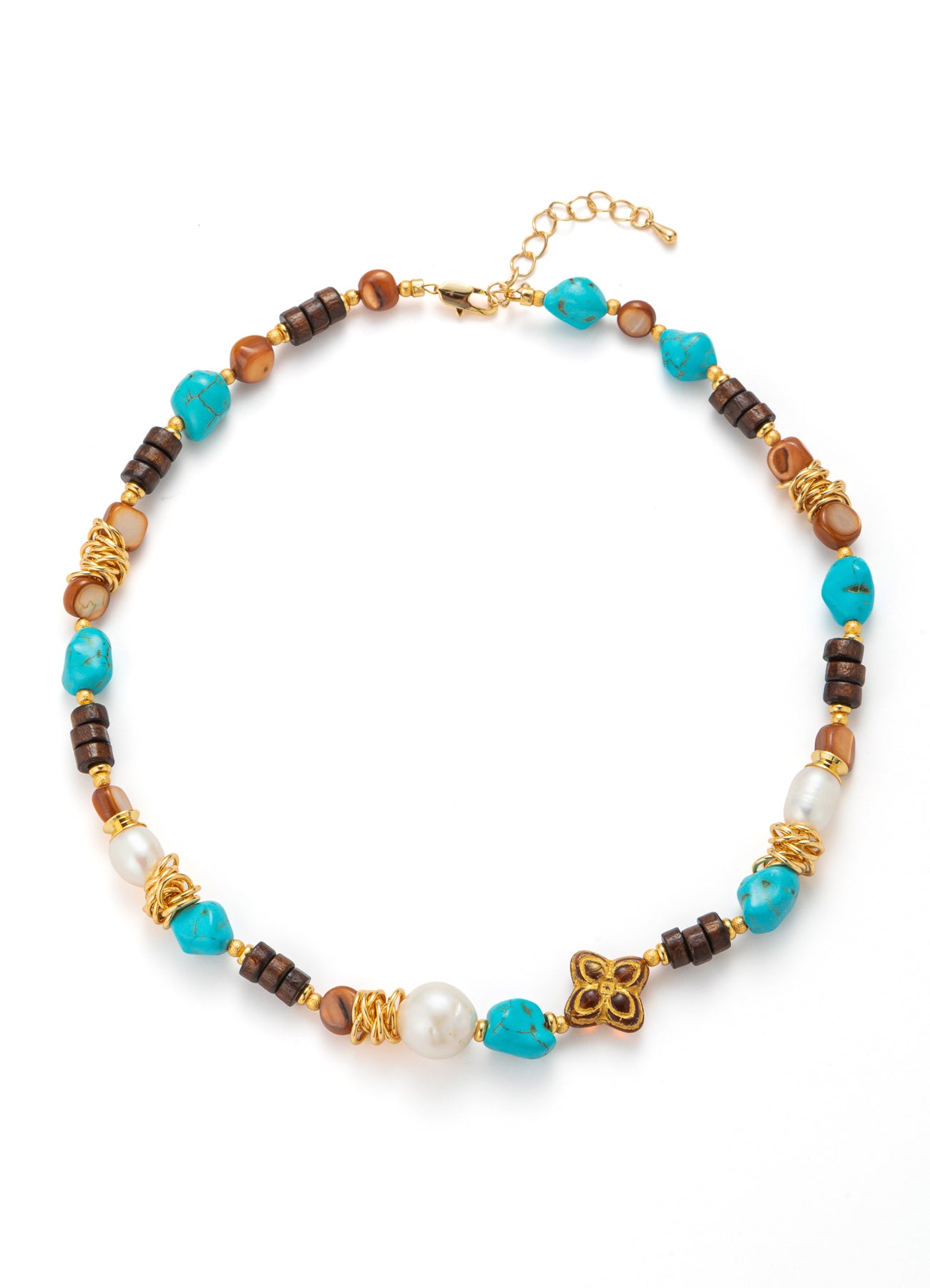 Tiger Eyes & Pearl & Turquoise Necklace
