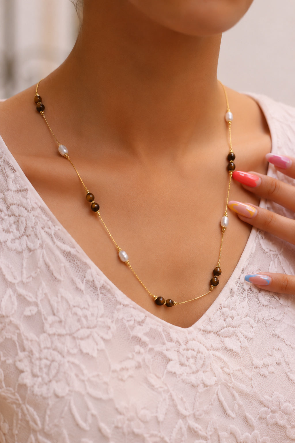 Tiger Eyes & Pearl Necklace
