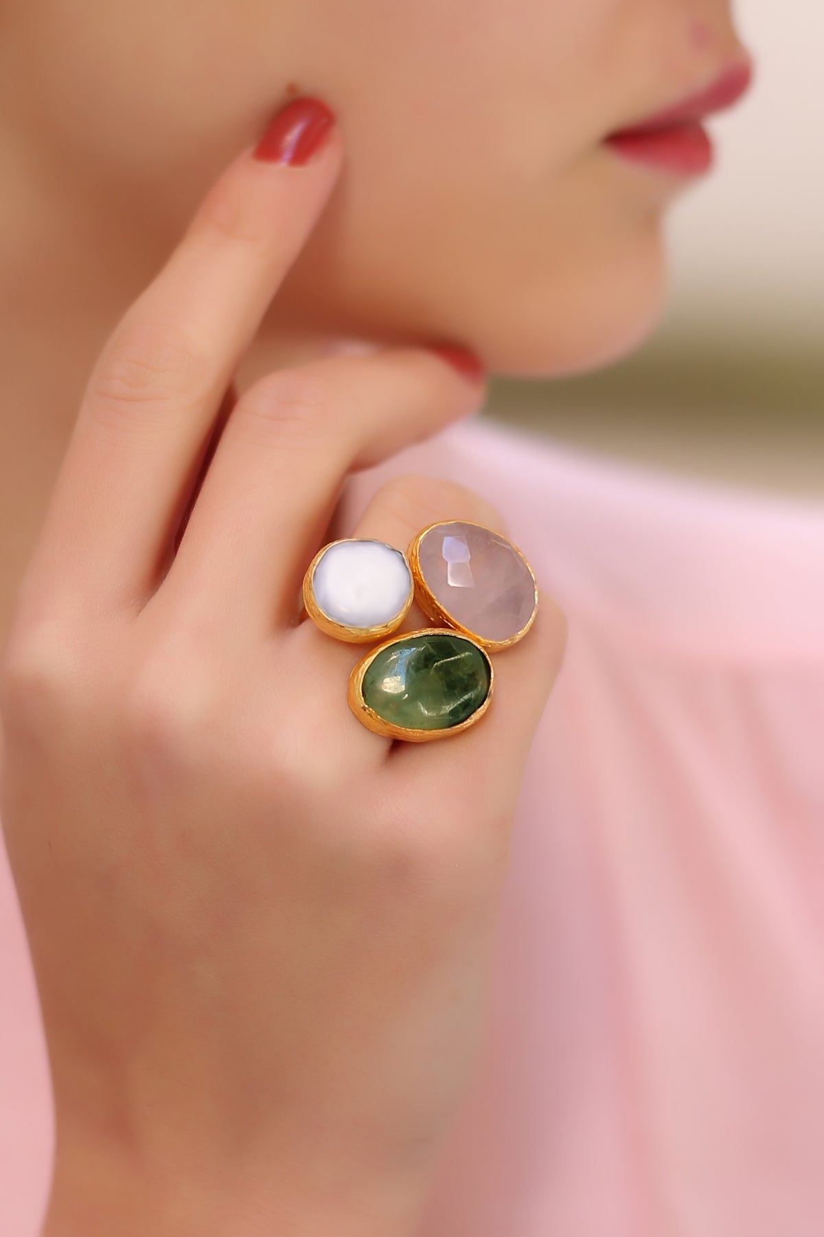 Pink Quartz & Pearl & Prehnite Ring