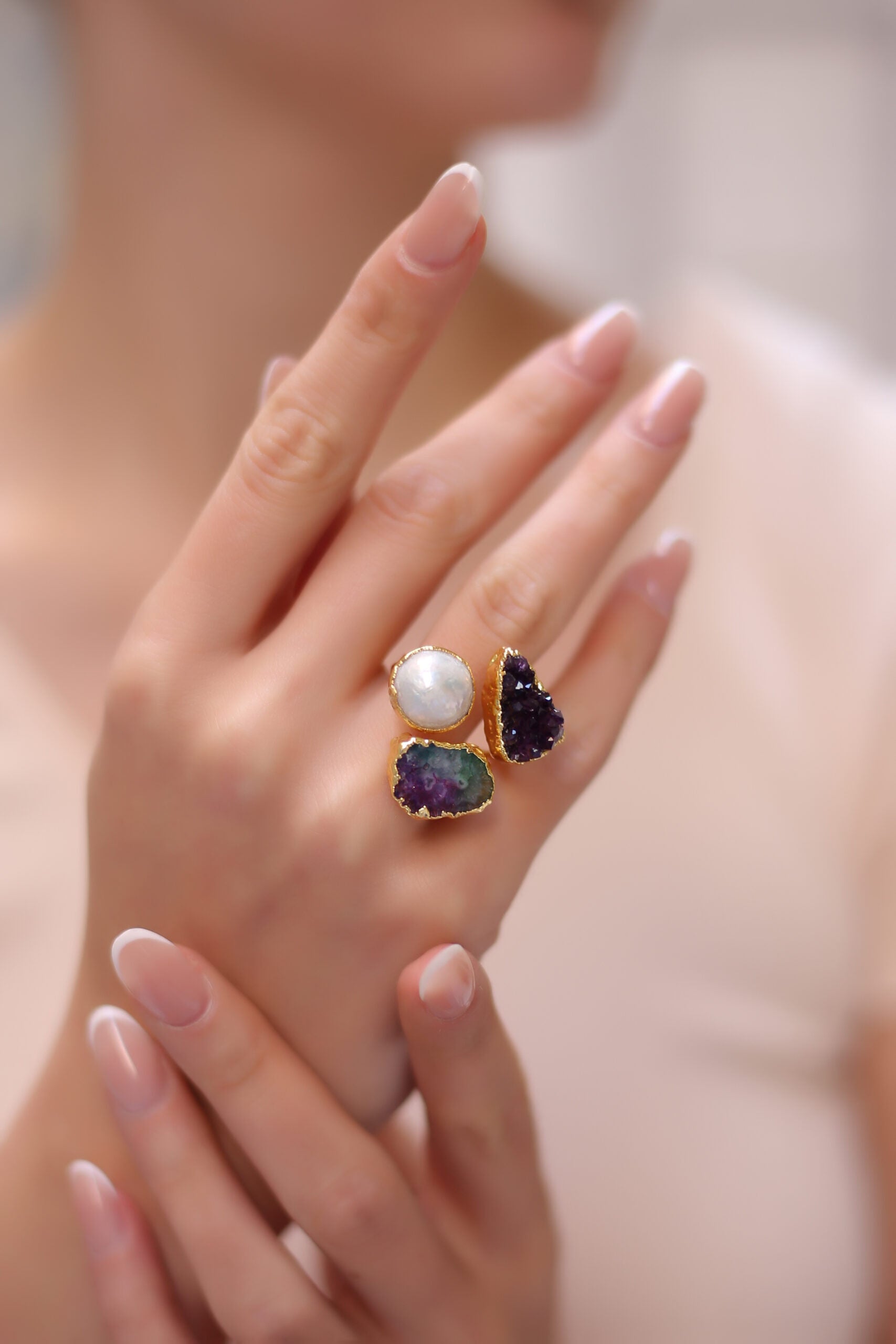 Pearl & Quartz & Amethyst Bague