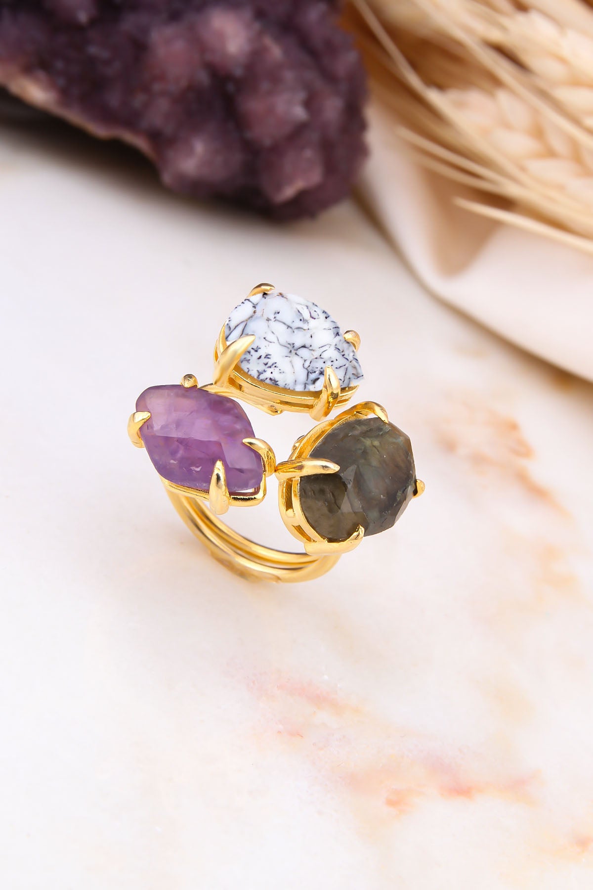 Amethyst & Dlmation Stone &Labrodorit Bague