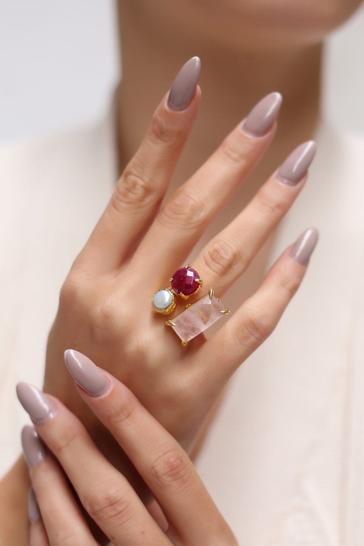 Pink Quartz & Agate & Pearl Bague