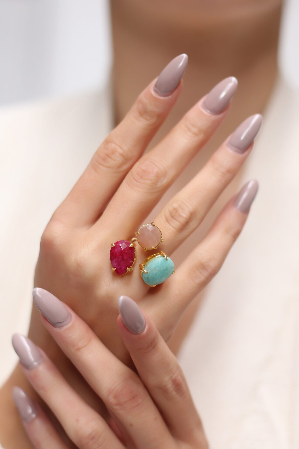 Aquamarine & Agate & Sunstone Bague