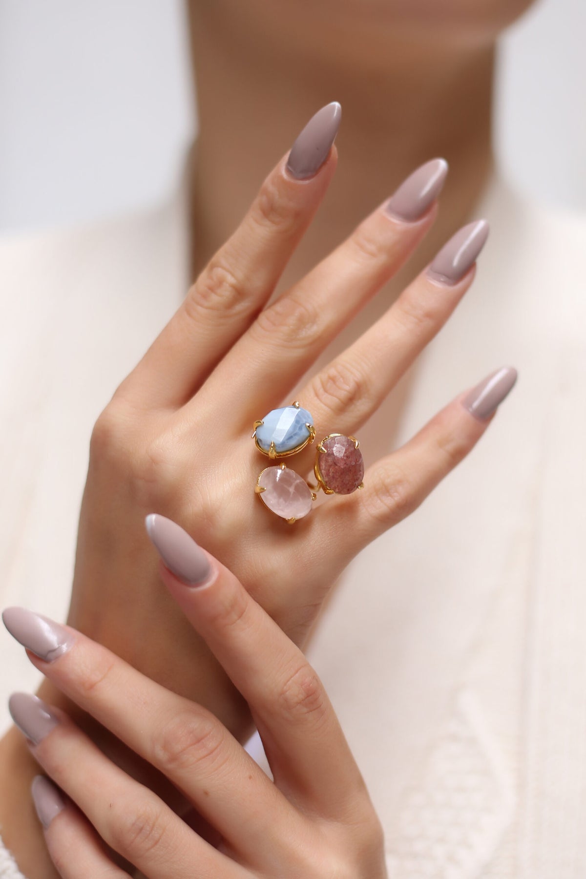 Strawberry Quarrtz & Blue Opel & Citrine Bague