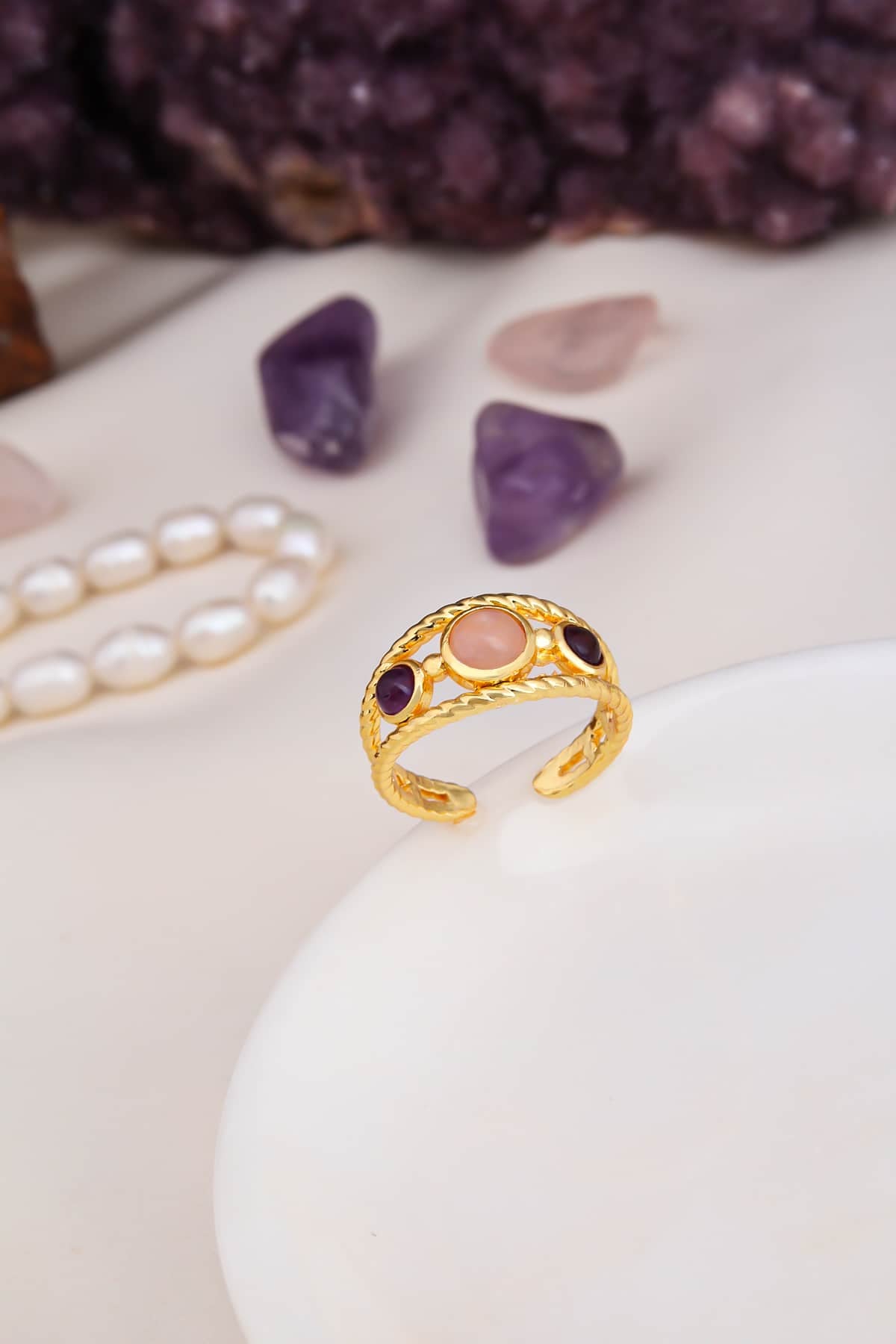 Pink Quartz & Amethyst Ring
