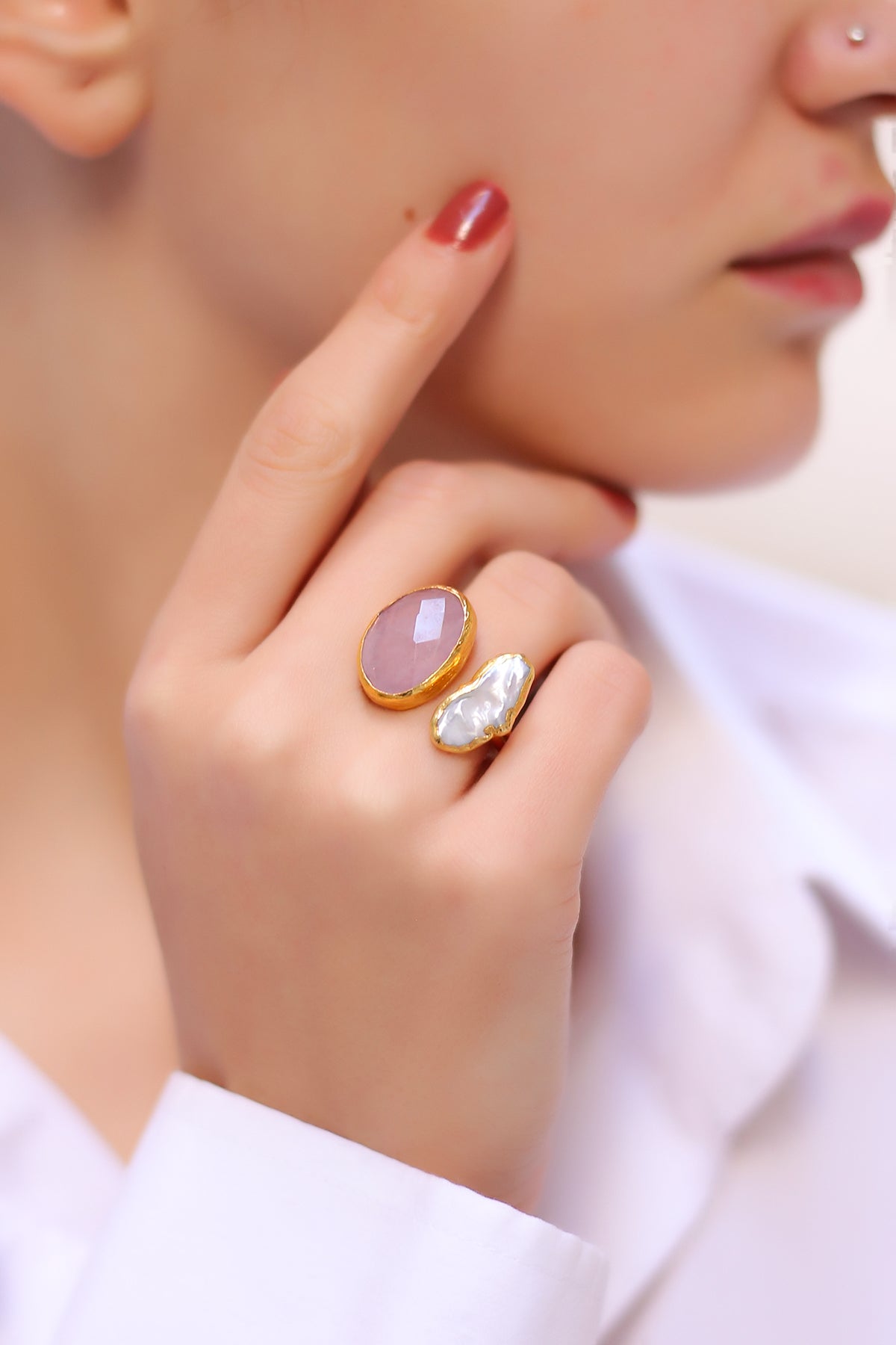 Pink Quartz & Pearl Ring