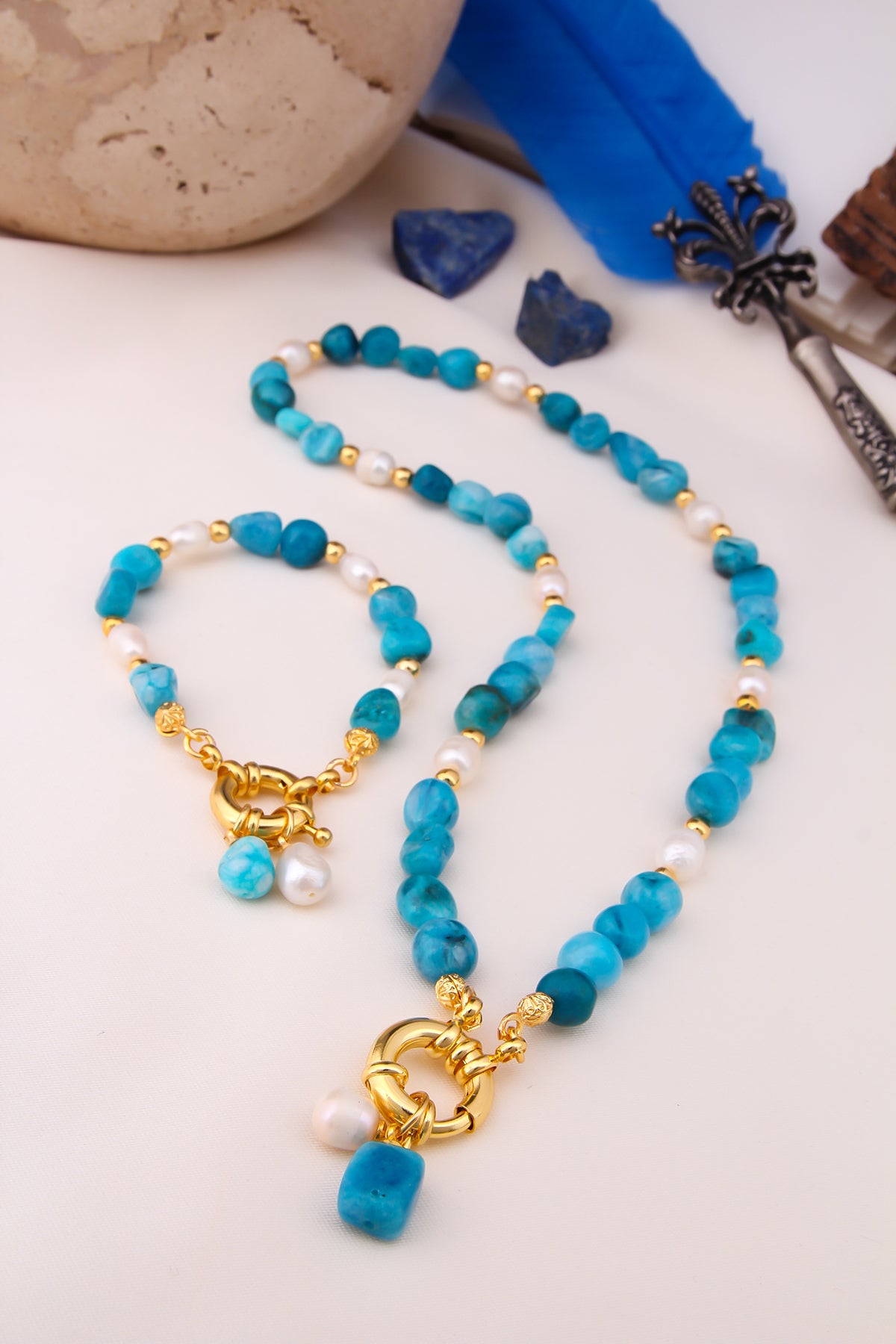 Blue Opal & Pearl Set
