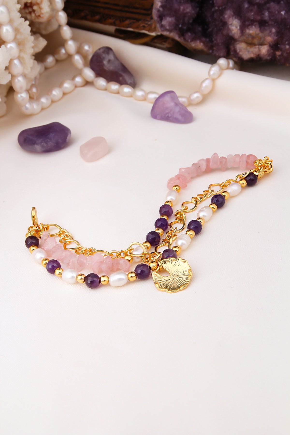 Pink Quartz & Pearl & Amethyst Bracelet