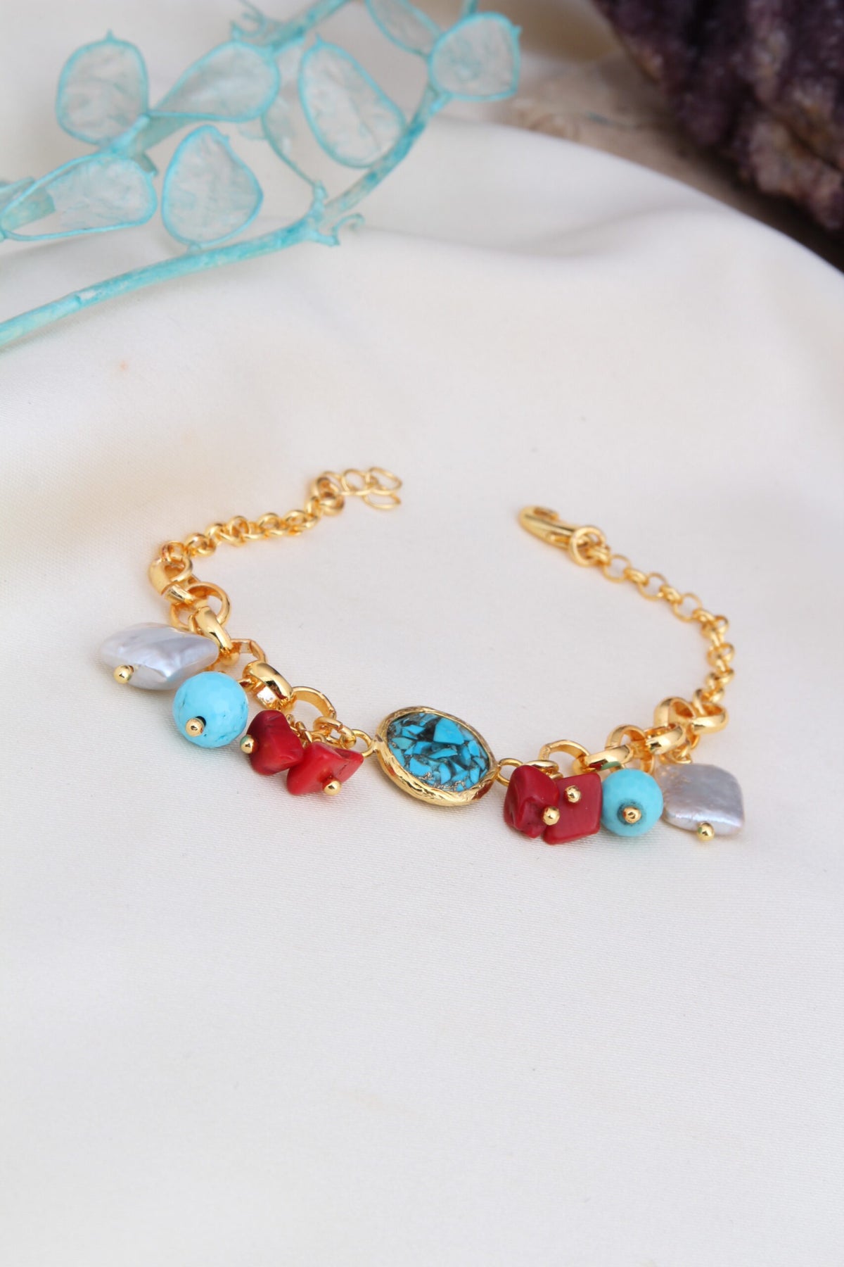 Turquoise & Coral & Pearl Bracelet