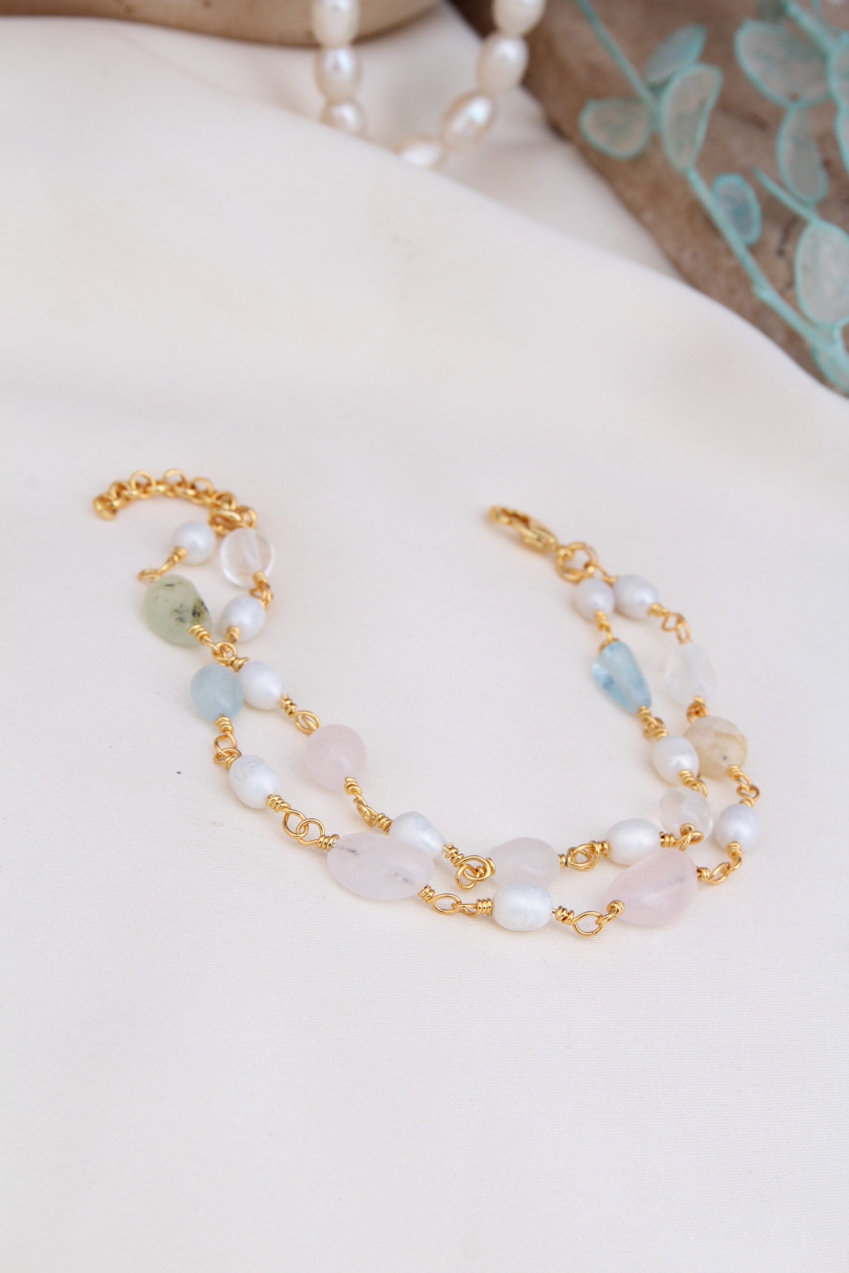 Citrine & Pink Quartz & Prinhite & Pearl Bracelet