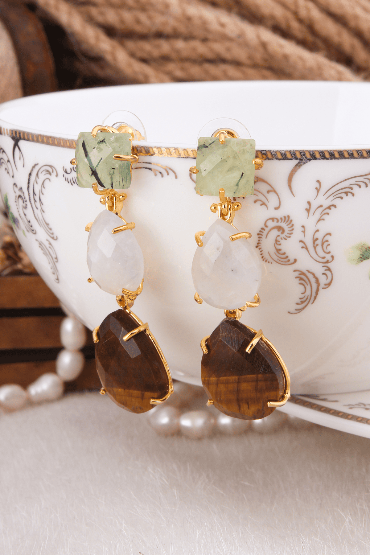 Prehnite & Moonstone & TigerEyes Earring