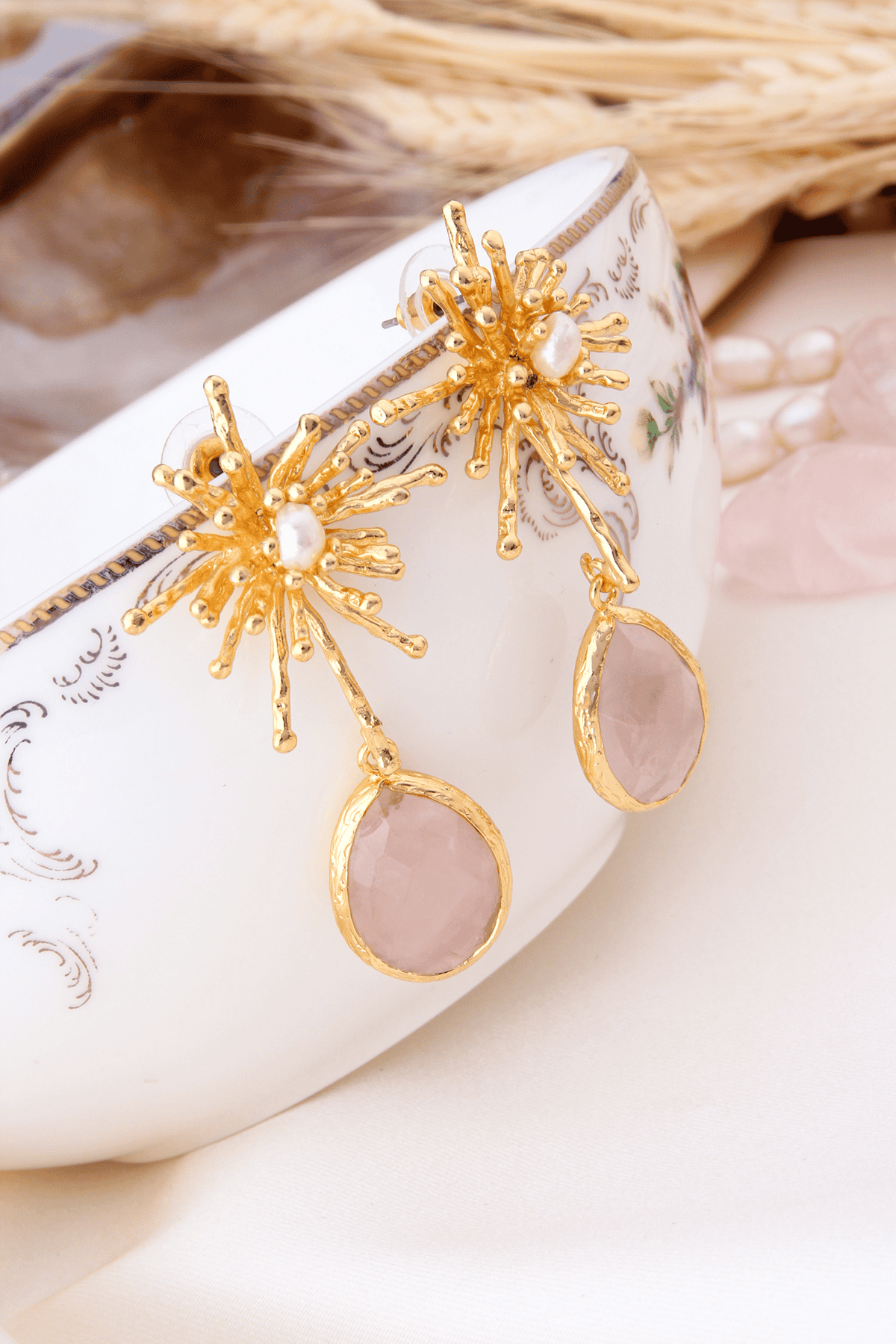 Pink Quartz & Pearl Earring