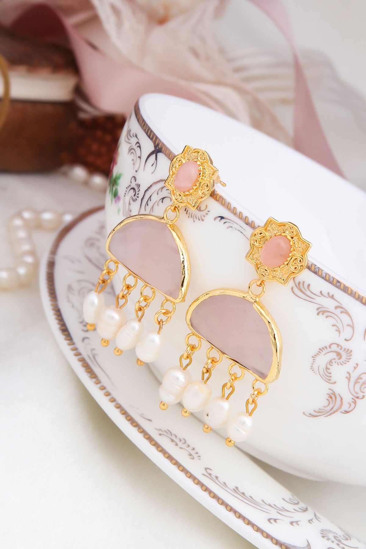 Pink Quartz & Pearl Boucles d'oreilles